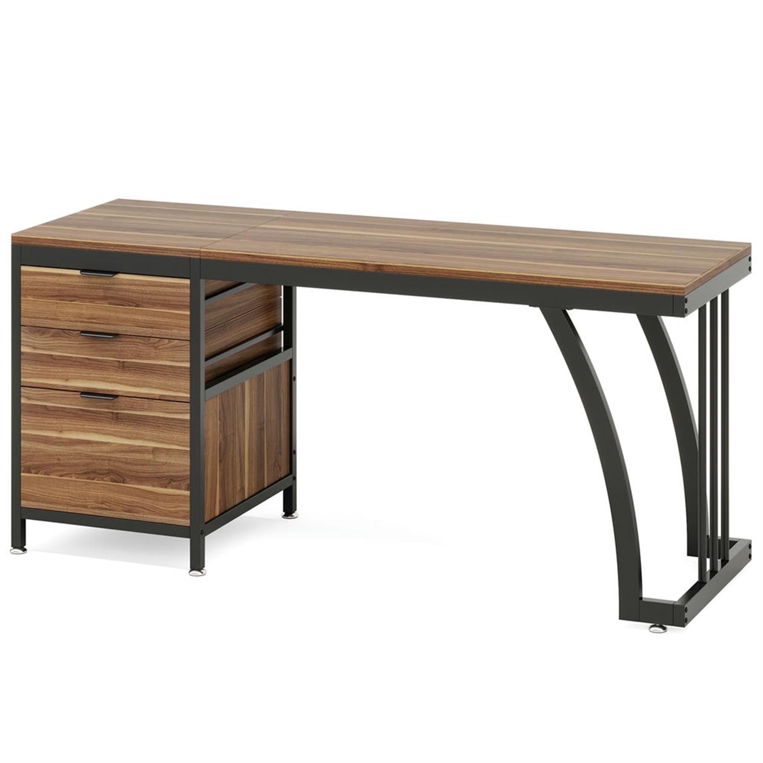 Demi Bonn 59" Industrial Computer Desk with Reversible Drawer Cabinet, Modern Study Writing Gaming Table for Home Office, Walnut