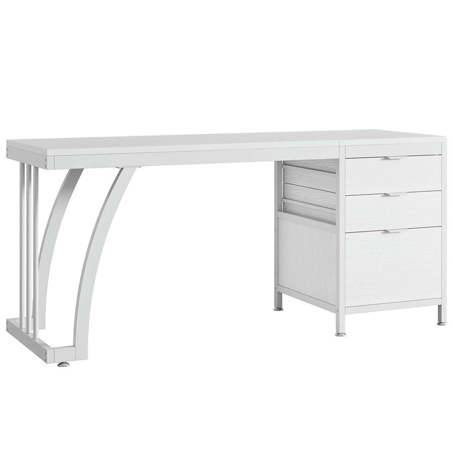 Demi Bonn 59" Industrial Computer Desk with Reversible Drawer Cabinet, Modern Study Writing Gaming Table for Home Office, White