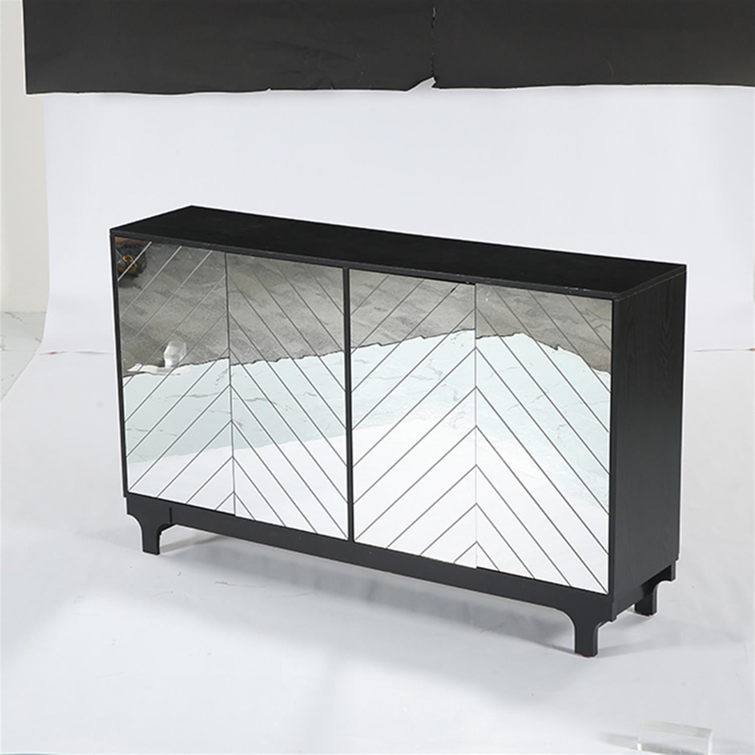 Demi Bonn 59" Sideboard Buffet, Modern Credenzas Storage Cabinet with 4 Acrylic Mirror Doors, Dining Room, Hallway, Cupboard Console Table, Liquor, Black