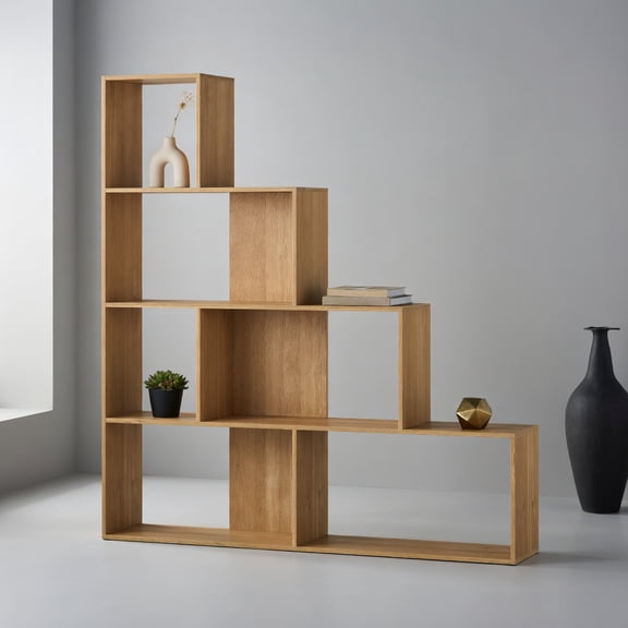 Demi Bonn 6 Cubes Ladder Shelf Corner, 4-Tier Bookshelf Storage Bookcase, Brown