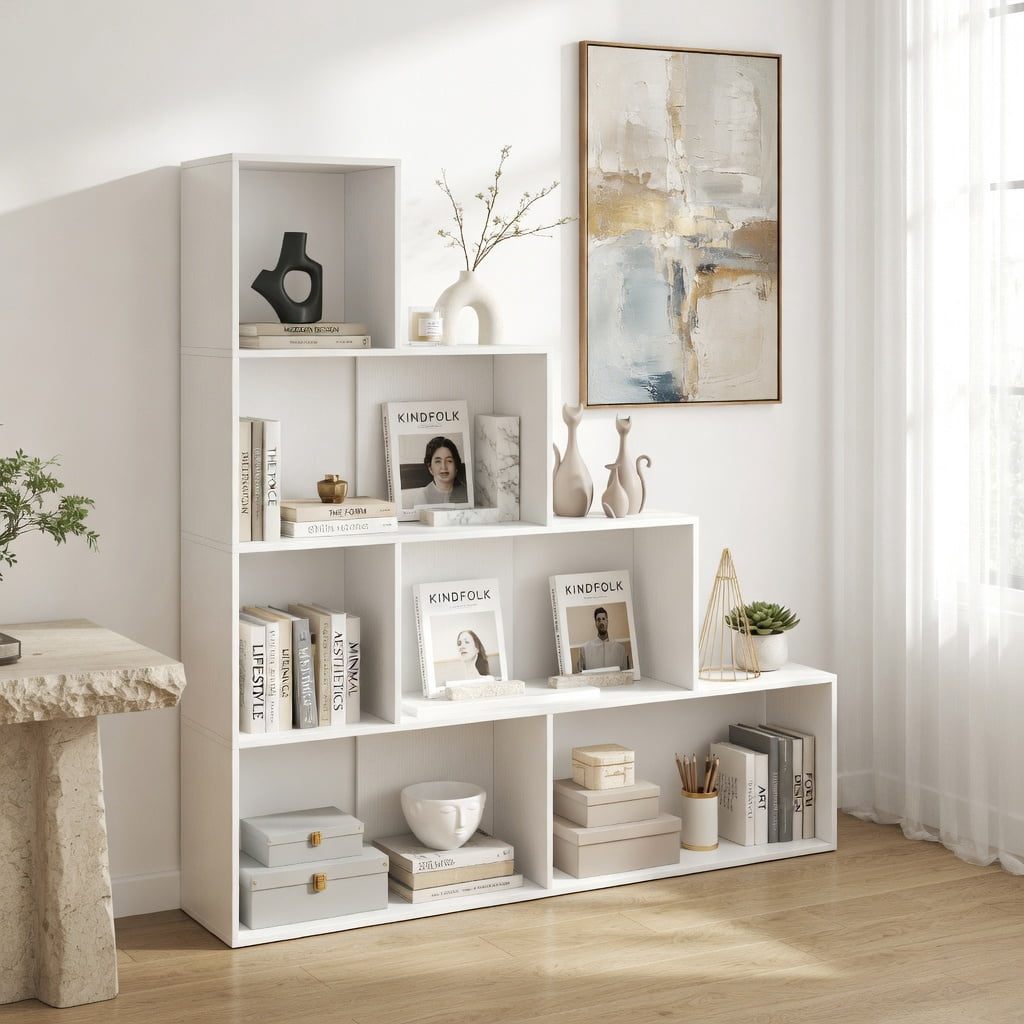 Demi Bonn 6 Cubes Ladder Shelf Corner, 4-Tier Bookshelf Storage Bookcase, White