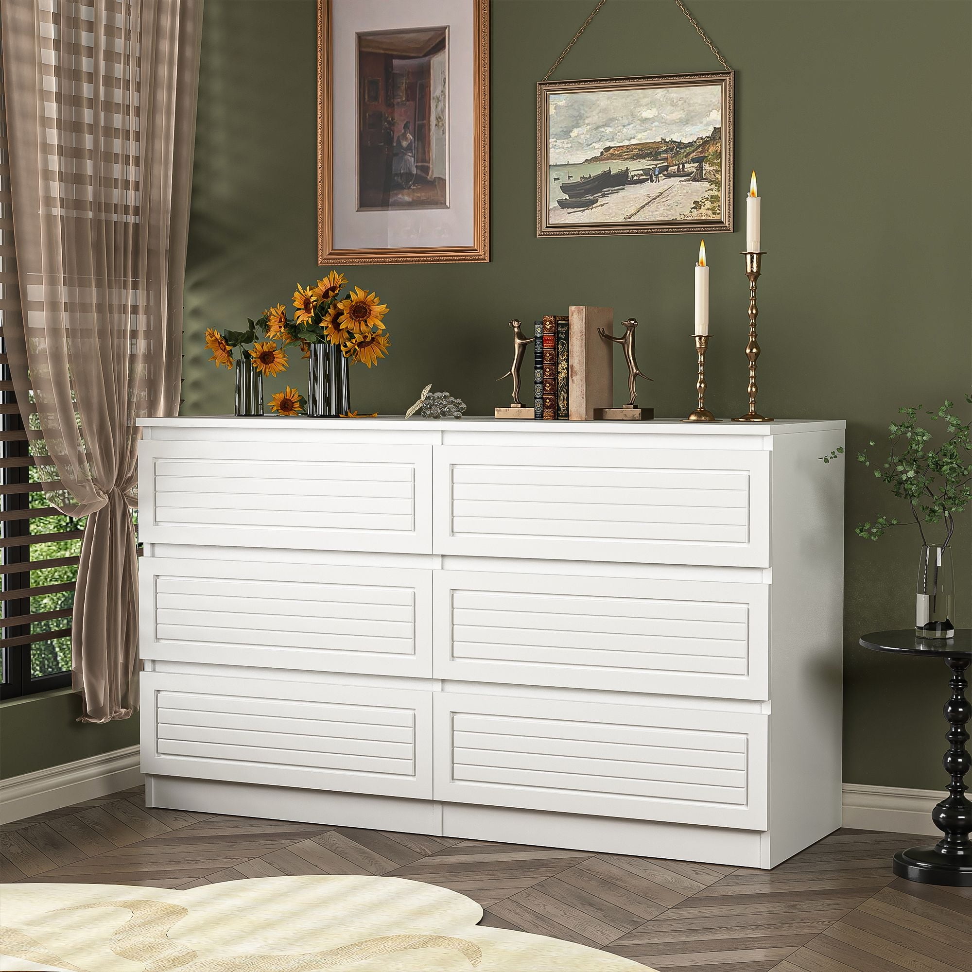 Demi Bonn 6-Drawer Double Dresser for Bedroom, 47" Chest of Drawers with Hidden Handle Wood Stripe Pattern Drawer Fronts, Modern Bedroom Furniture, White
