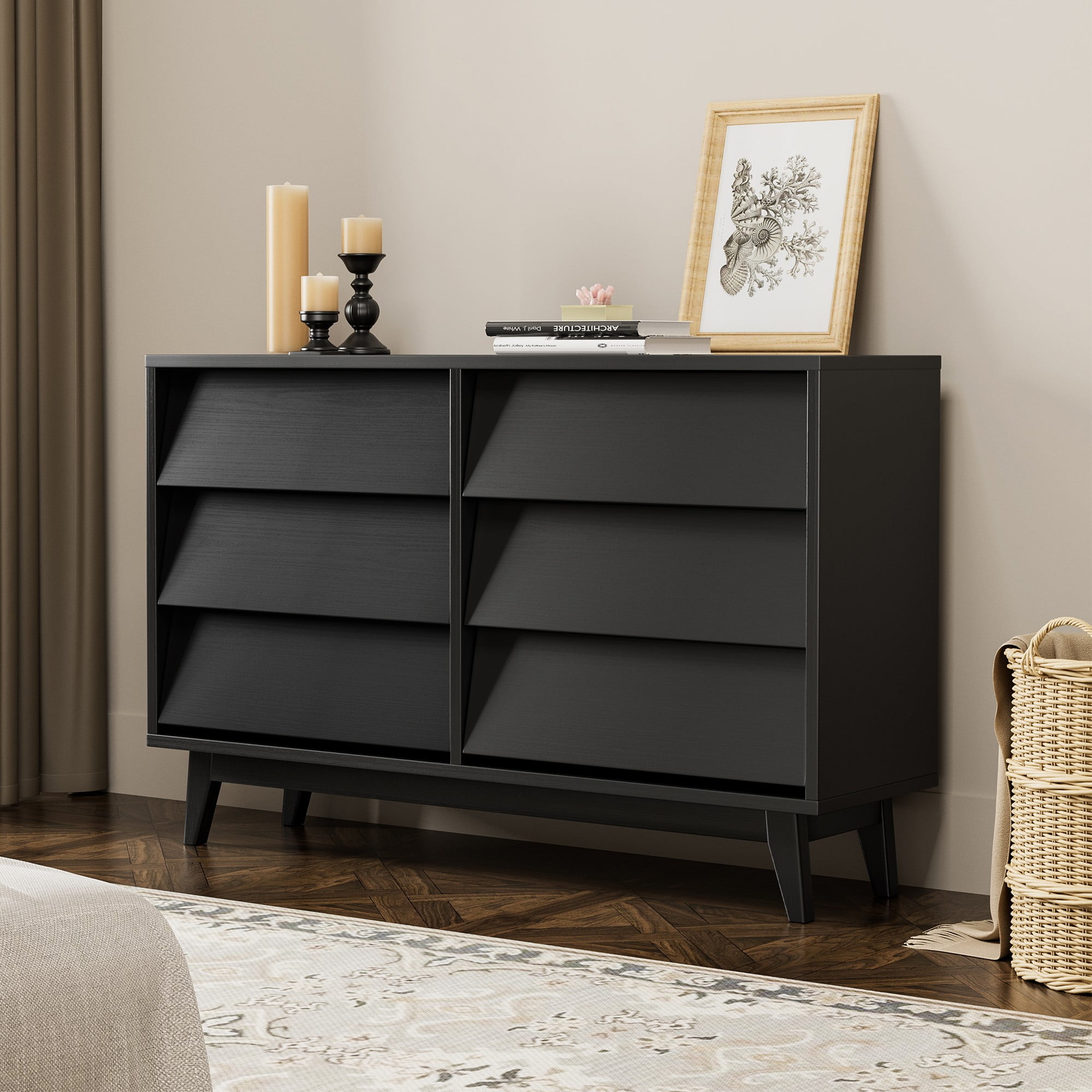 Finihen 6 Drawer Double Dresser Features Vintage-style and Bevel Design, Dresser For Nursery, Kids, Chest Of Drawers, Black Finihen 6 Drawer Double Dresser Features Vintage-style and Bevel Design, Dresser For Nursery, Kids, Chest Of Drawers, Black