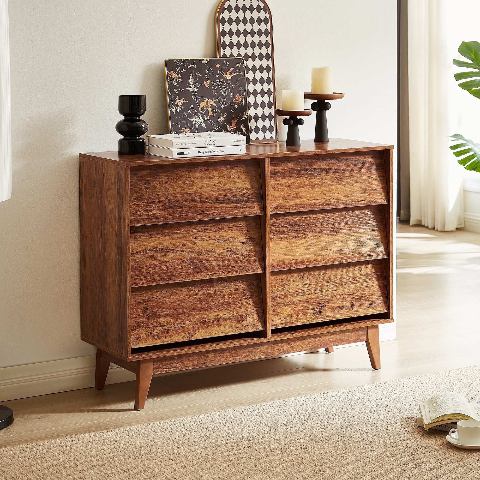 Demi Bonn 6 Drawer Double Dresser Features Vintage-style and Bevel Design, Chest Of Drawers, Brown