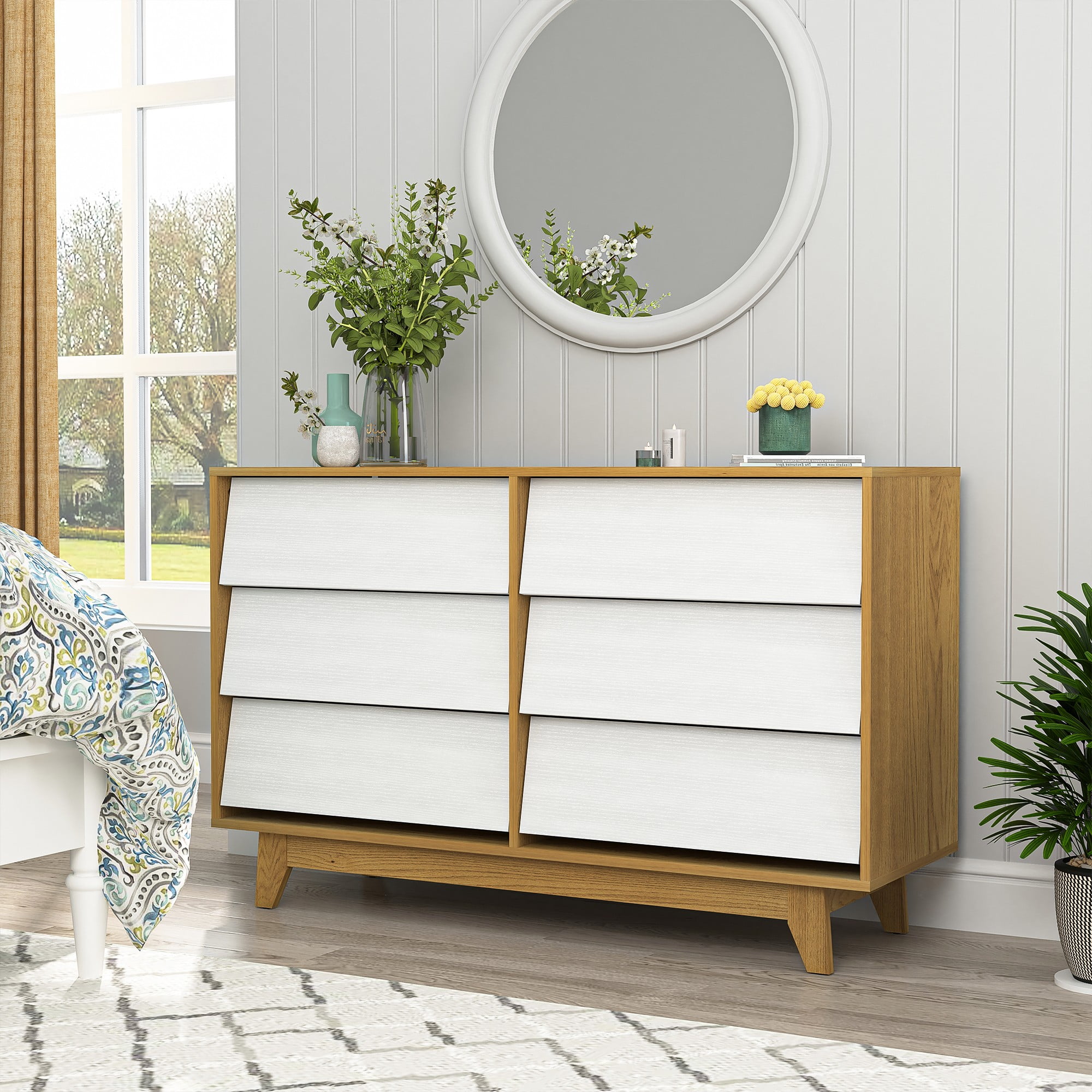 Finihen 6 Drawer Double Dresser Features Vintage-style and Bevel Design, Dresser For Nursery, Kids, Chest Of Drawers, White+Beige Finihen 6 Drawer Double Dresser Features Vintage-style and Bevel Design, Dresser For Nursery, Kids, Chest Of Drawers, White+Beige