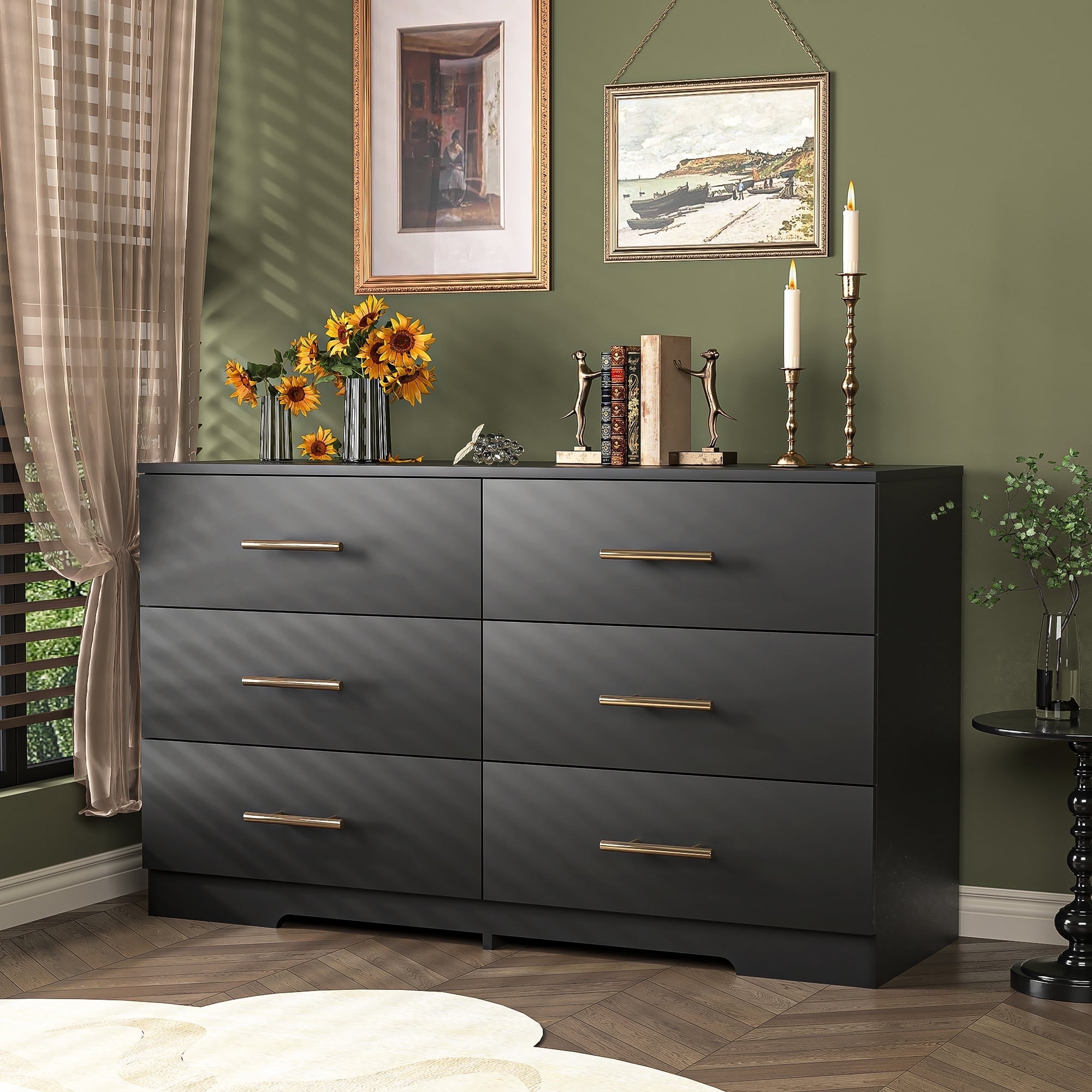 Demi Bonn 6 Drawer Double Dresser with Golden Handle, Modern 6 Chest of Drawers with Deep Drawers, Wide Storage Organizer Cabinet for Living Room, Black