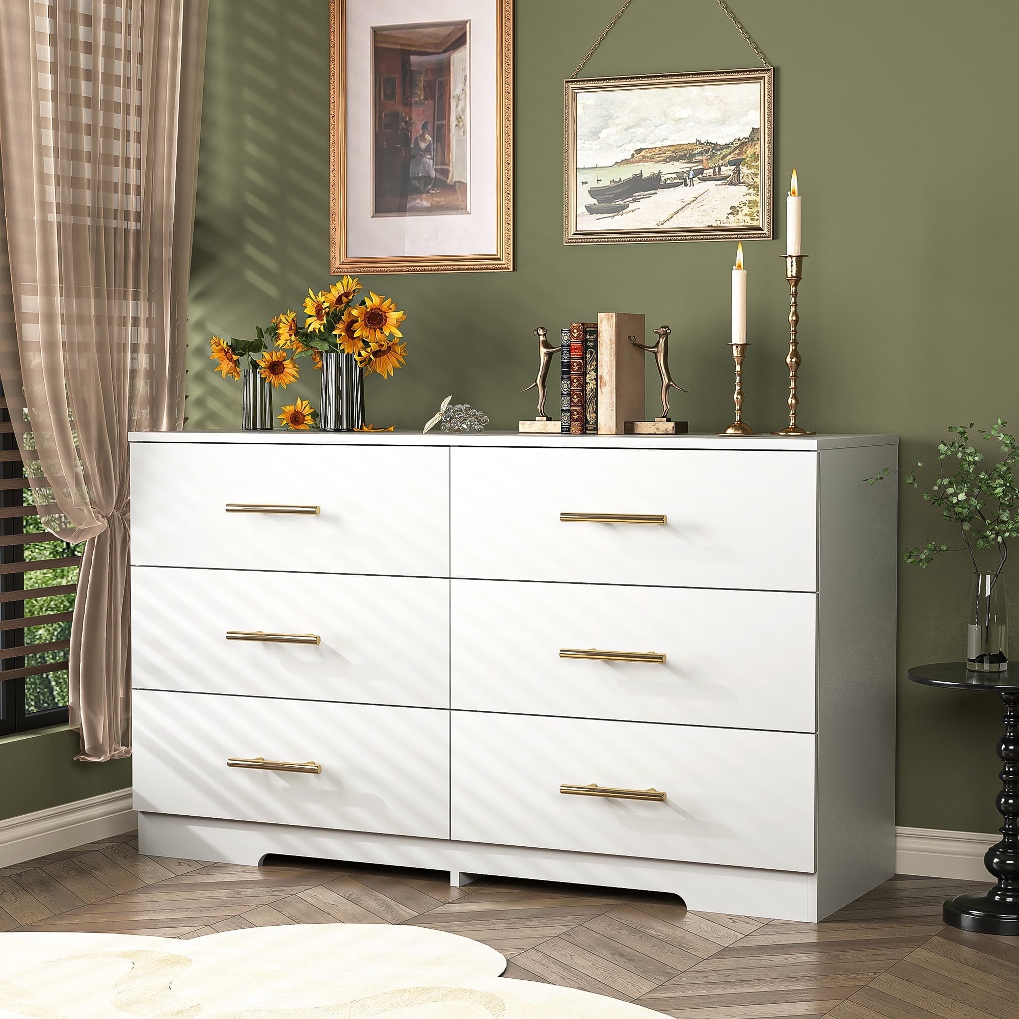 Demi Bonn 6 Drawer Double Dresser with Golden Handle, Modern 6 Chest of Drawers with Deep Drawers, Wide Storage Organizer Cabinet for Living Room, White