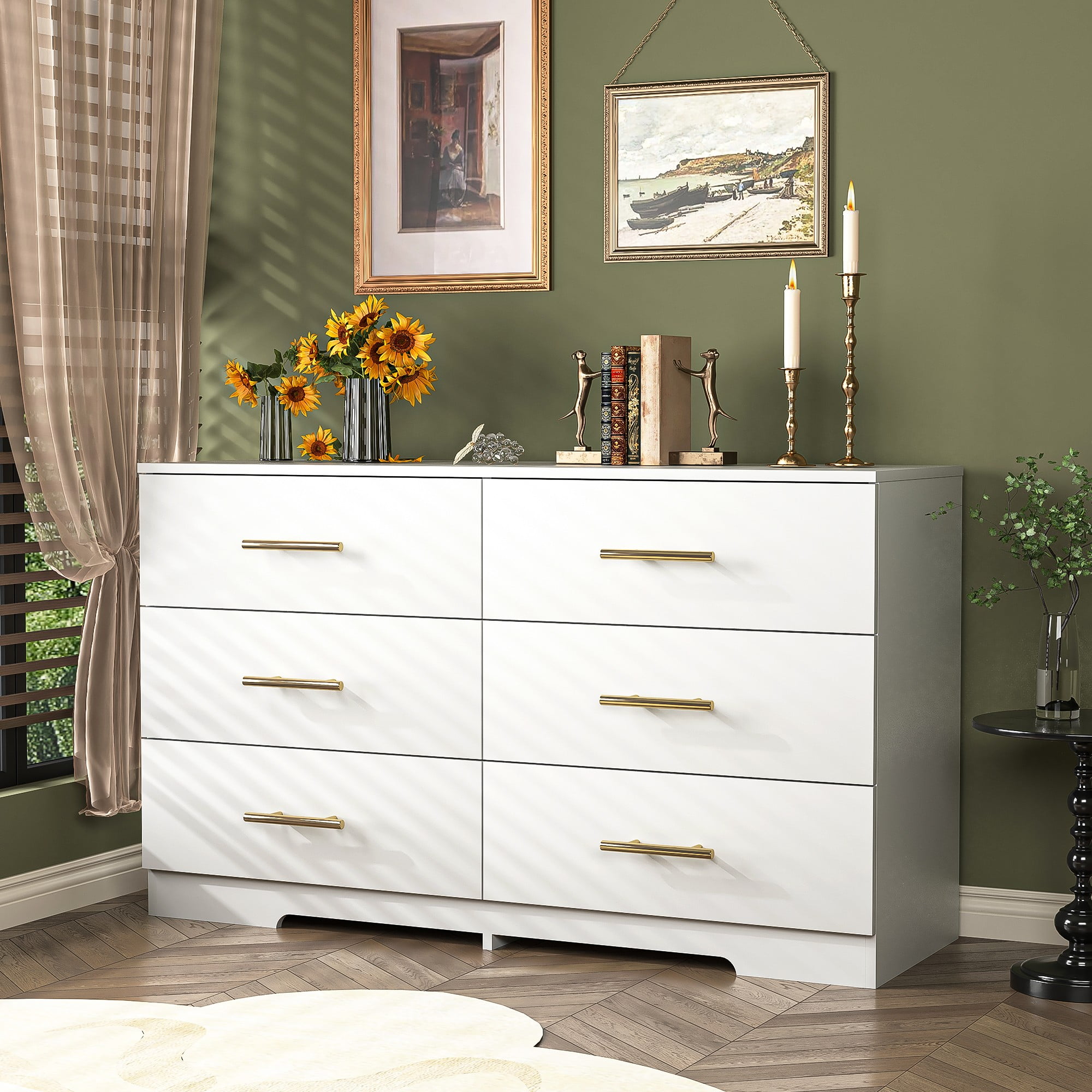 Finihen 6 Drawer Double Dresser with Golden Handle, Modern 6 Chest of Drawers with Deep Drawers, Wide Storage Organizer Cabinet for Living Room, Kids, White