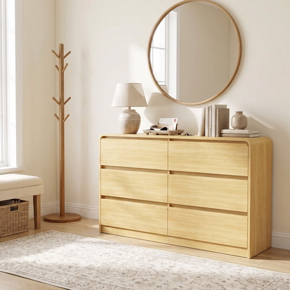 Demi Bonn 6 Drawer Double Dresser, Modern 6 Chest of Drawers with Deep Drawers, Wide Storage Organizer Cabinet for Living Room, Rounded Corners, Beige