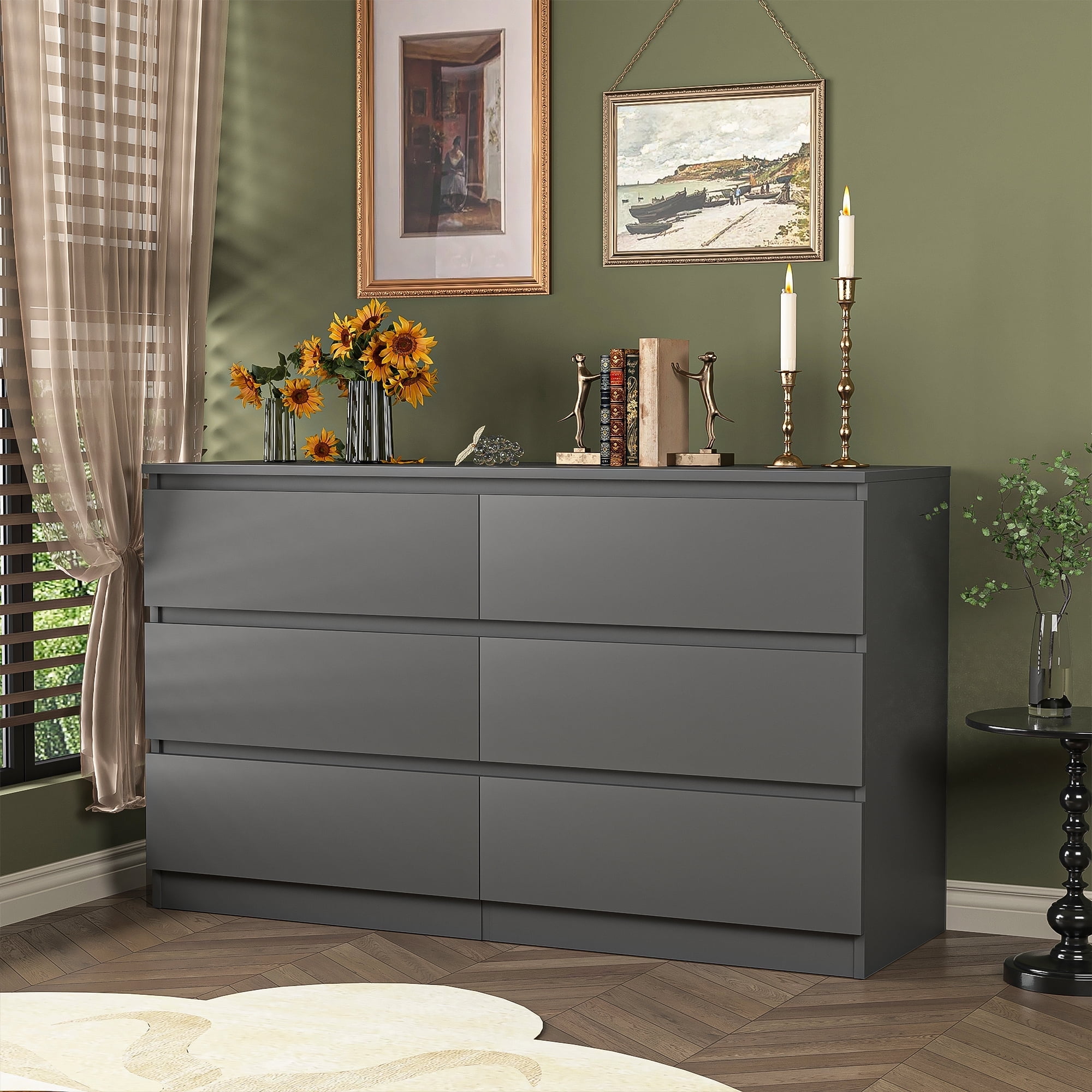 Demi Bonn 6 Drawer Double Dresser, Modern 6 Chest of Drawers with Deep Drawers, Wide Storage Organizer Cabinet for Living Room, Gray