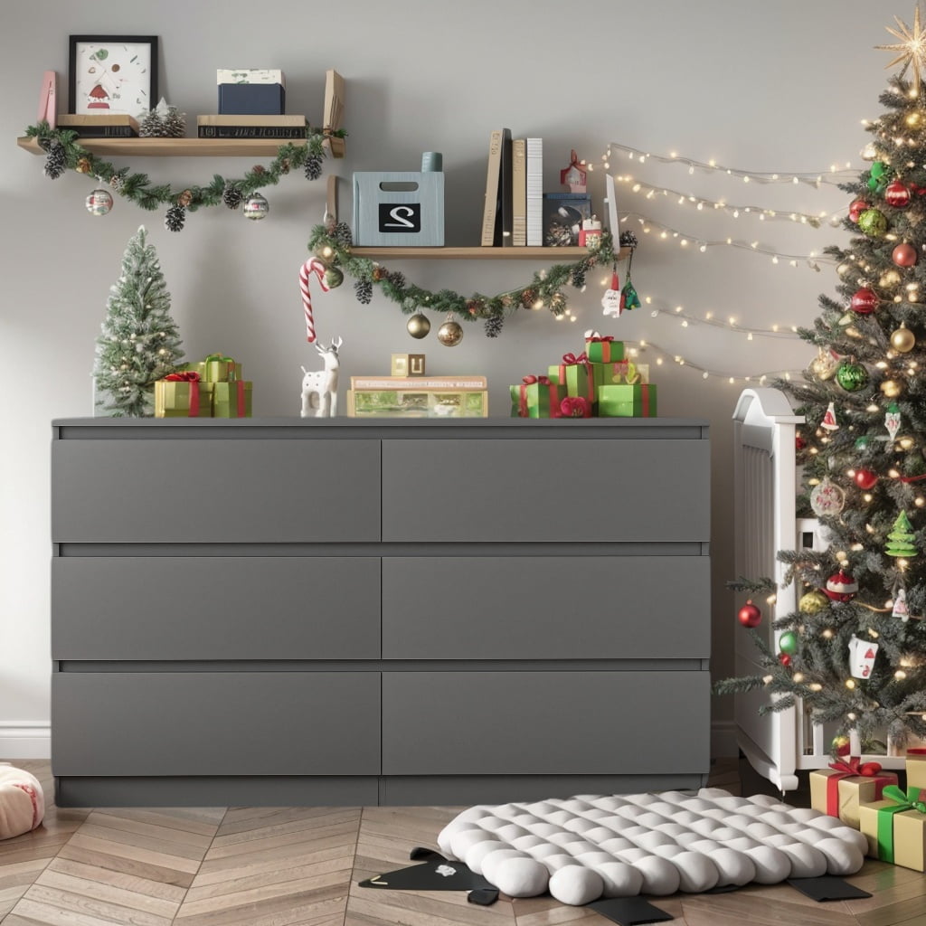 Demi Bonn 6 Drawer Double Dresser, Modern 6 Chest of Drawers with Deep Drawers, Wide Storage Organizer Cabinet for Living Room, Gray