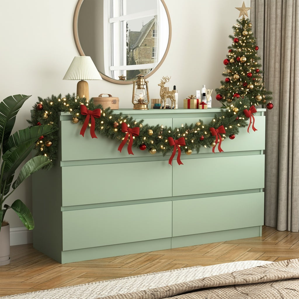 Demi Bonn 6 Drawer Double Dresser, Modern 6 Chest of Drawers with Deep Drawers, Wide Storage Organizer Cabinet for Living Room, Green