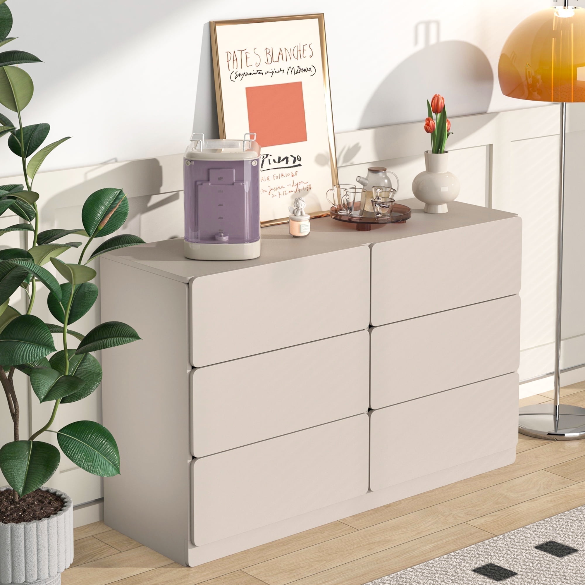 Demi Bonn 6 Drawer Double Dresser, Modern 6 Chest of Drawers with Deep Drawers, Wide Storage Organizer Cabinet for Living Room, Light Gray