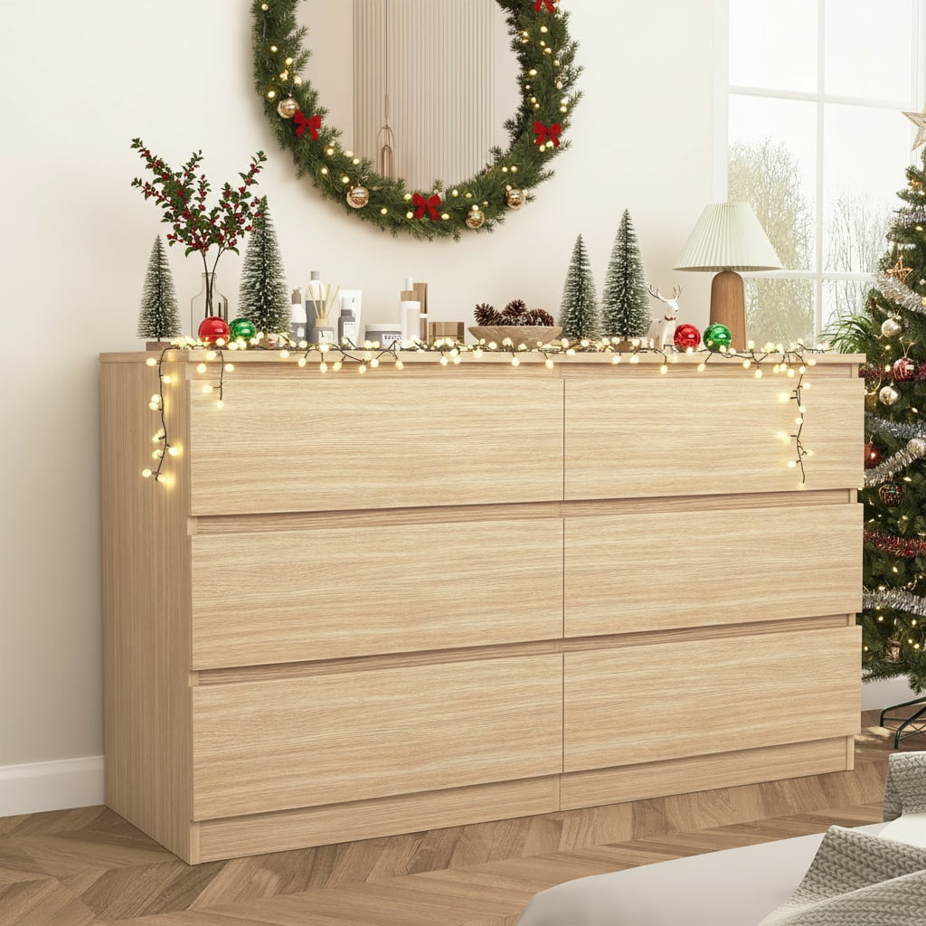 Demi Bonn 6 Drawer Double Dresser, Modern 6 Chest of Drawers with Deep Drawers, Wide Storage Organizer Cabinet for Living Room, Beige
