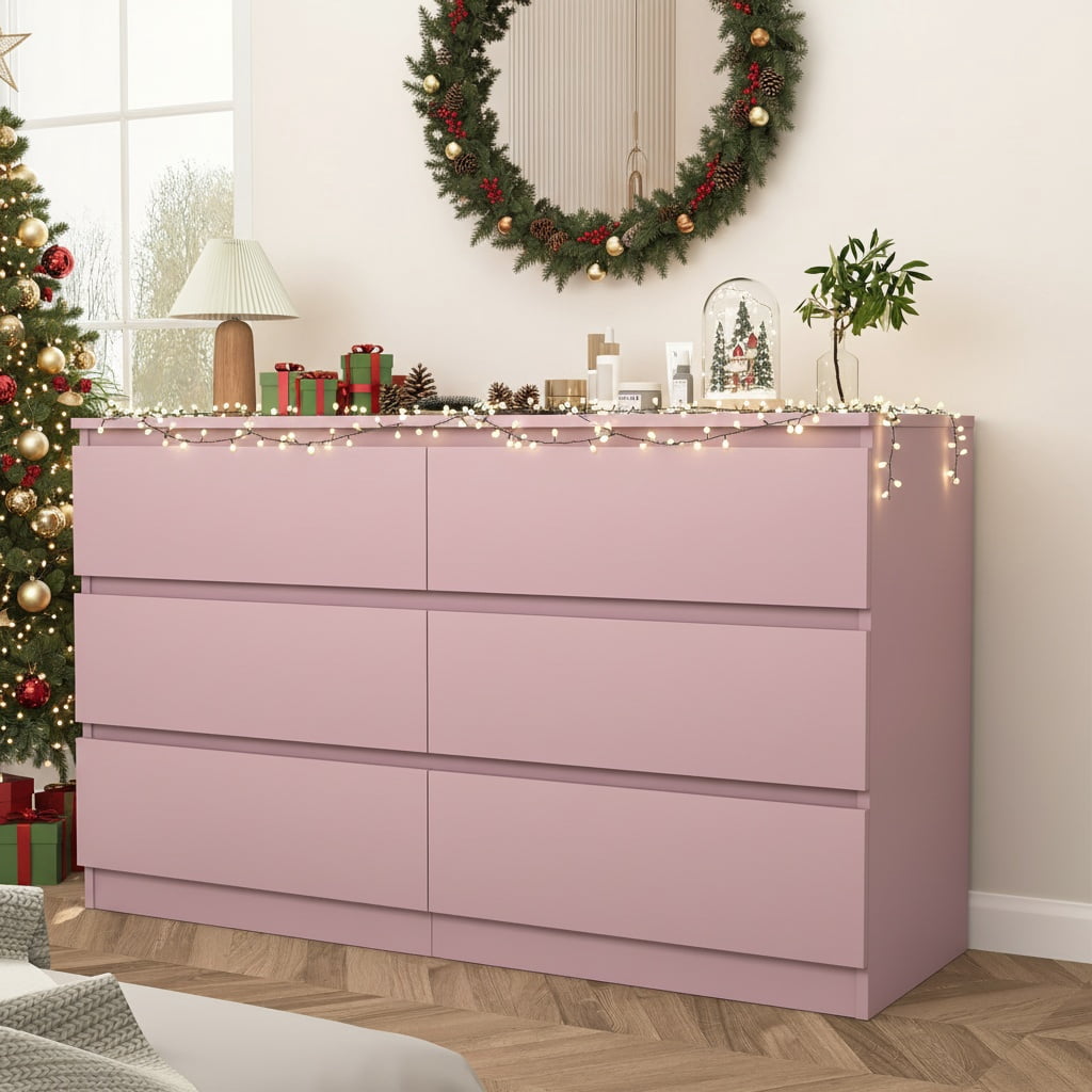 Demi Bonn 6 Drawer Double Dresser, Modern 6 Chest of Drawers with Deep Drawers, Wide Storage Organizer Cabinet for Living Room, Pink