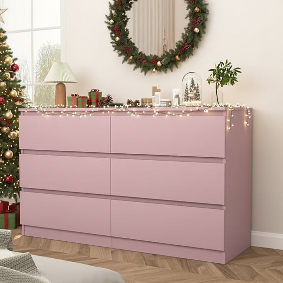 Demi Bonn 6 Drawer Double Dresser, Modern 6 Chest of Drawers with Deep Drawers, Wide Storage Organizer Cabinet for Living Room, Pink