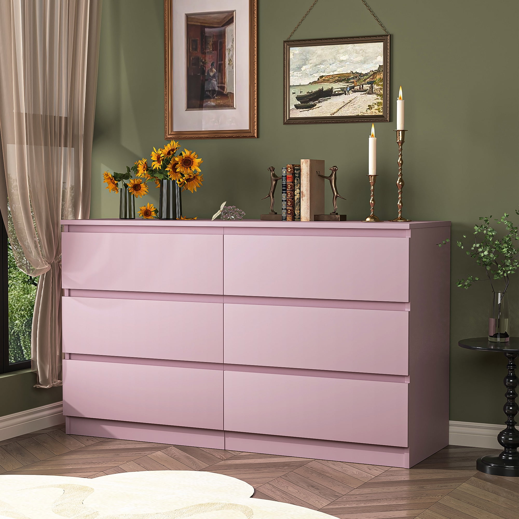 Finihen 6 Drawer Double Dresser, Modern 6 Chest of Drawers with Deep Drawers, Wide Storage Organizer Cabinet for Living Room, Kids, Pink Finihen 6 Drawer Double Dresser, Modern 6 Chest of Drawers with Deep Drawers, Wide Storage Organizer Cabinet for Living Room, Kids, Pink