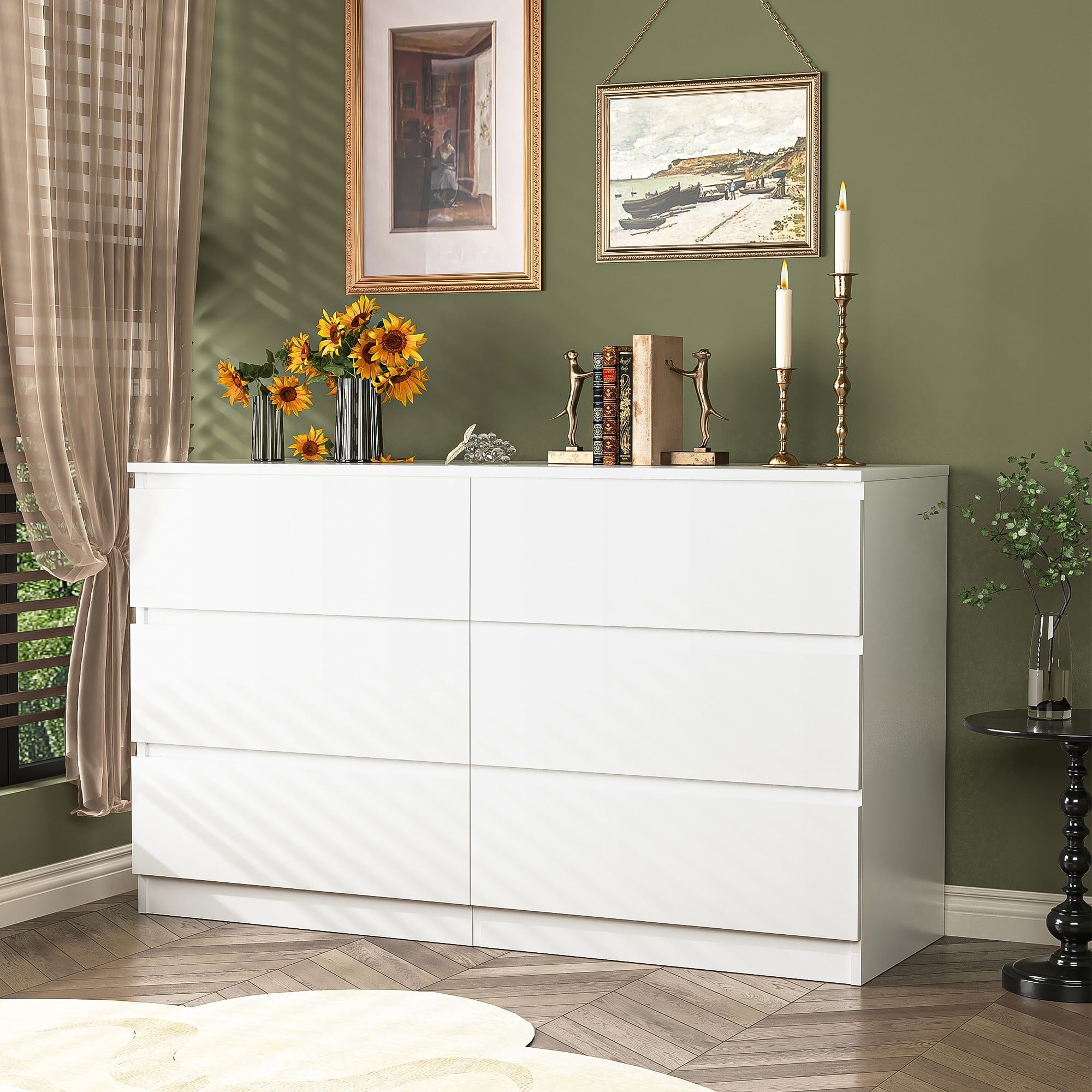 Demi Bonn 6 Drawer Double Dresser, Modern 6 Chest of Drawers with Deep Drawers, Wide Storage Organizer Cabinet for Living Room, White