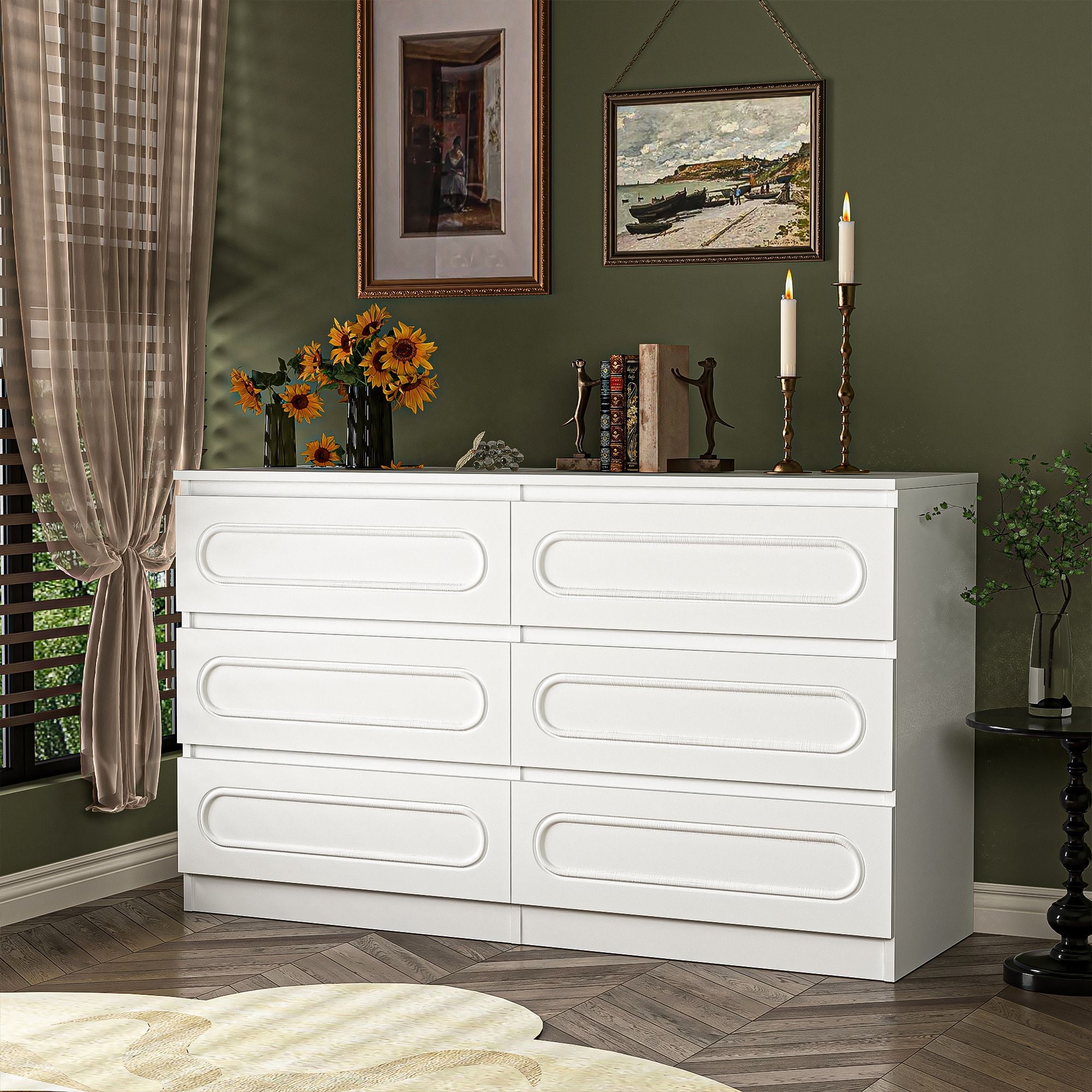 Demi Bonn 6-Drawer Double Dresser for Bedroom, 47" Chest of Drawers with Hidden Handle Wood Oval Pattern Drawer Fronts, Modern Bedroom Furniture, White