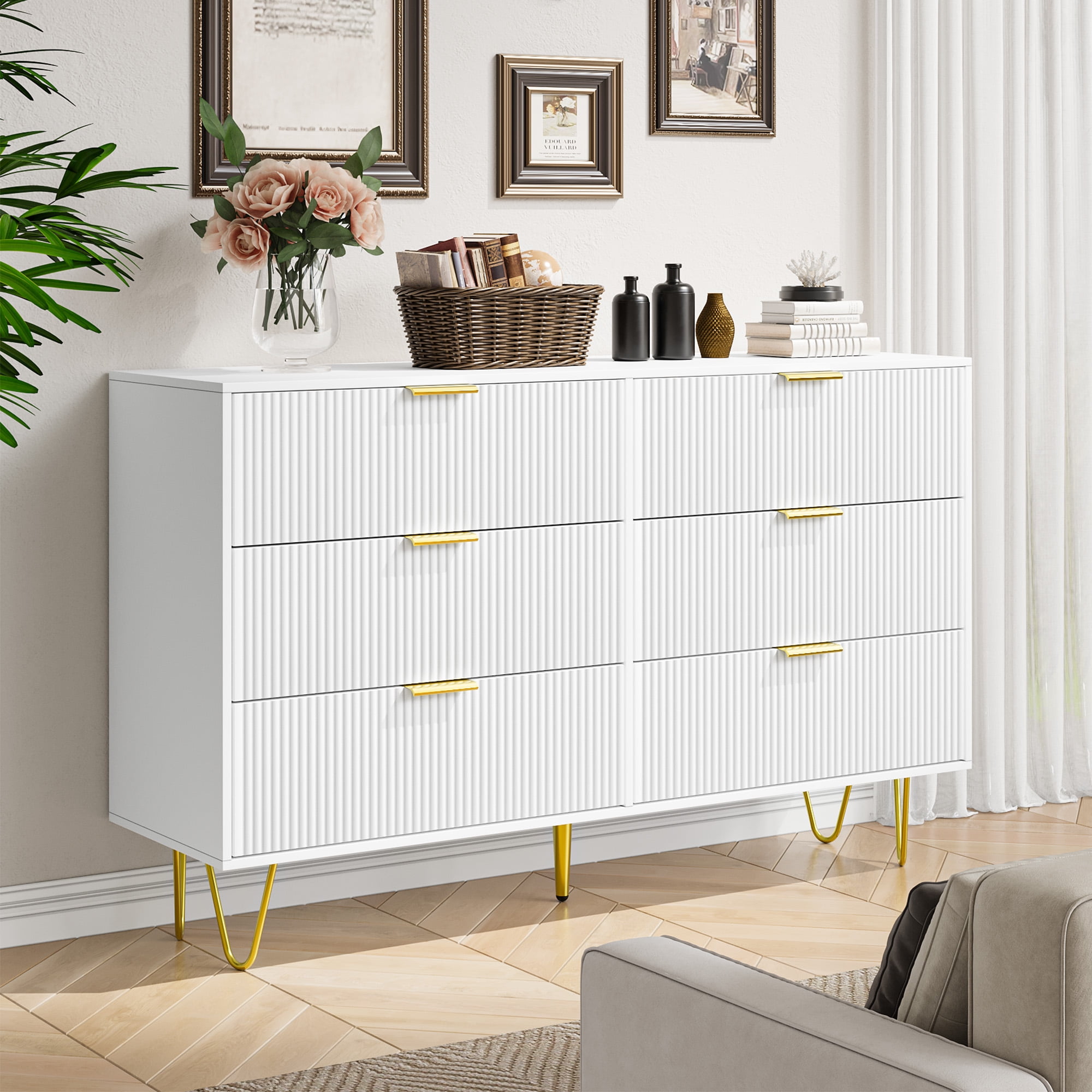 Finihen 6 Drawer Dresser, Big Size Wide Chest of Drawers with Gold Handles, Wood Double Dresser Storage Cabinet, for Living Room, Bedroom, Hallway, Closet, White Finihen 6 Drawer Dresser, Big Size Wide Chest of Drawers with Gold Handles, Wood Double Dresser Storage Cabinet, for Living Room, Bedroom, Hallway, Closet, White