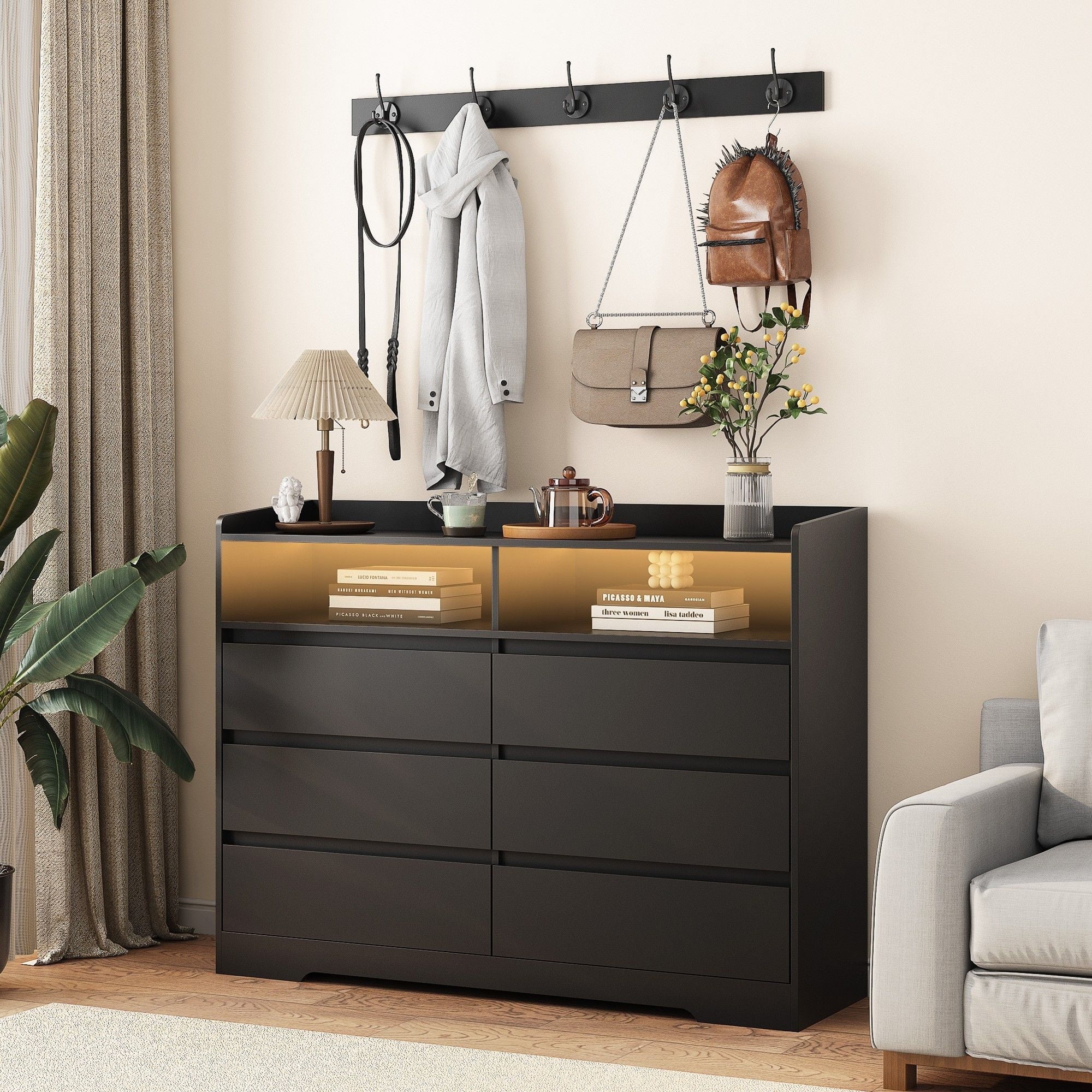 Demi Bonn 6 Drawer Dresser, Modern Chest of Drawers with Led Lights, Wooden Dresser for Bedroom with Sturdy Frame for Living Room, Entryway, Hallway, Black-L