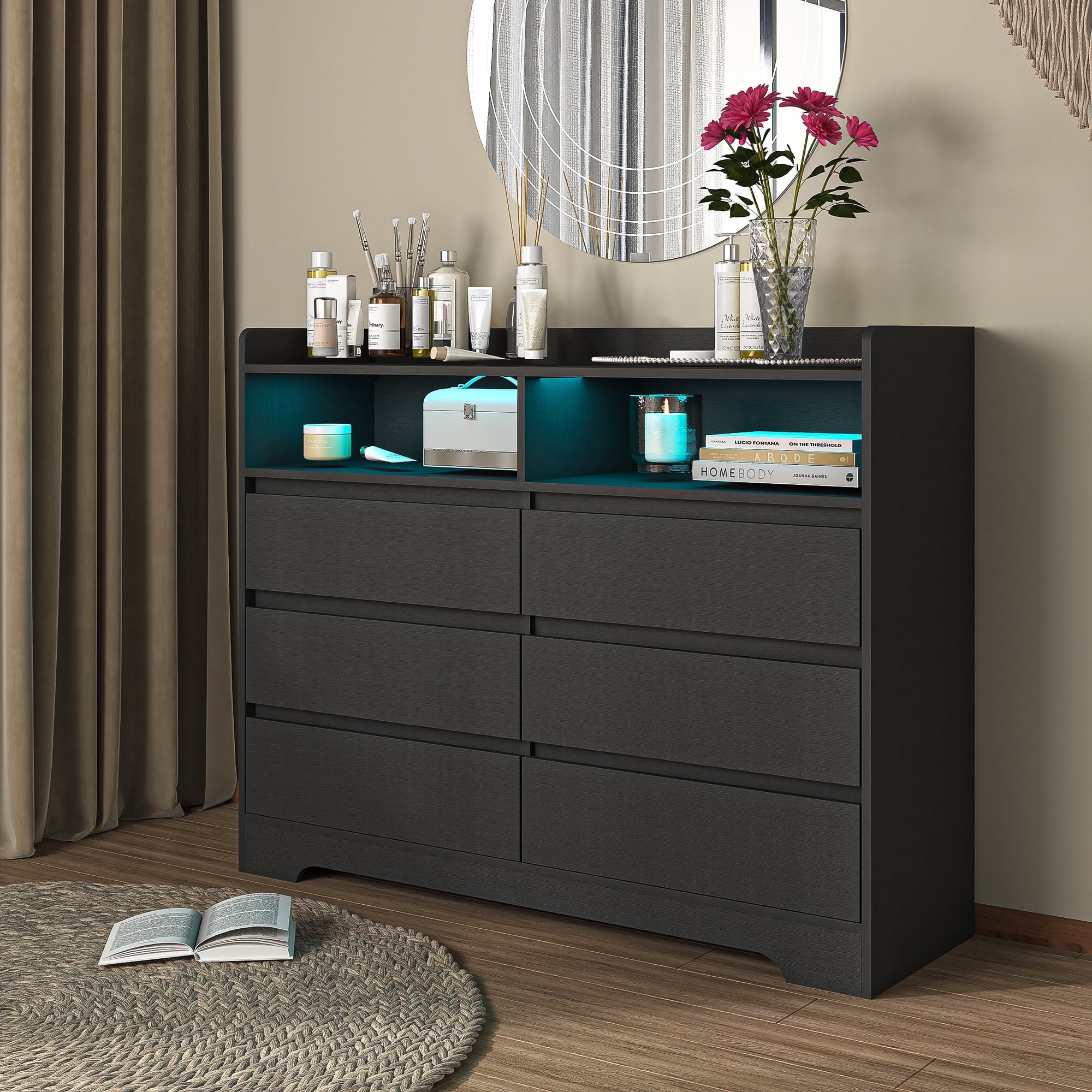 Demi Bonn 6 Drawer Dresser, Modern Chest of Drawers with Led Lights, Wooden Dresser for Bedroom with Sturdy Frame for Living Room, Entryway, Hallway, Black-M