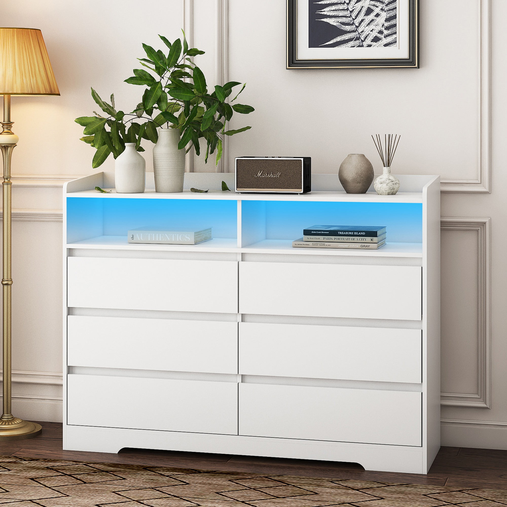Finihen 6 Drawer Dresser, Modern Chest of Drawers with Led Lights, Wooden Dresser for Bedroom with Sturdy Frame for Living Room, Entryway, Hallway, White-L Finihen 6 Drawer Dresser, Modern Chest of Drawers with Led Lights, Wooden Dresser for Bedroom with Sturdy Frame for Living Room, Entryway, Hallway, White-L