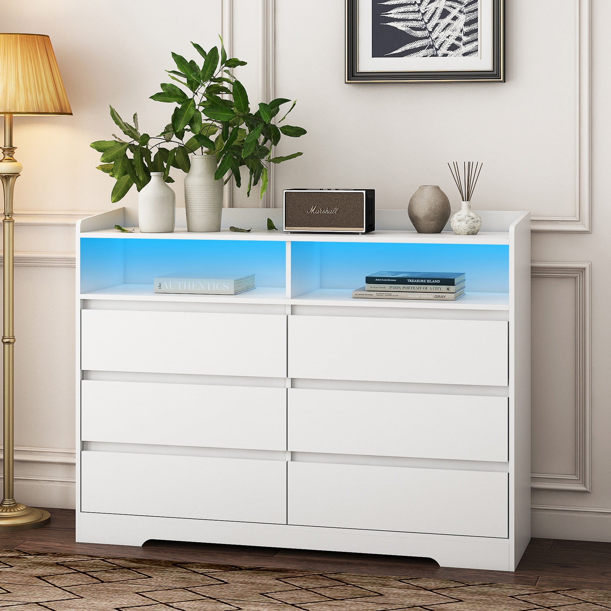Demi Bonn 6 Drawer Dresser, Modern Chest of Drawers with Led Lights, Wooden Dresser for Bedroom with Sturdy Frame for Living Room, Entryway, Hallway, White-L