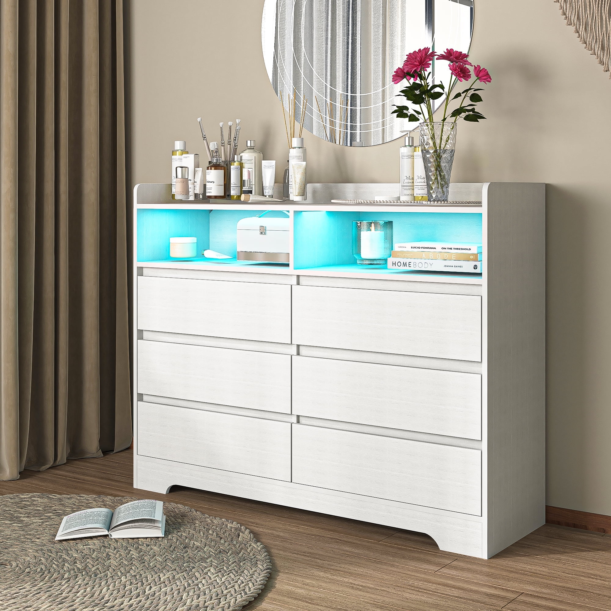 Demi Bonn 6 Drawer Dresser, Modern Chest of Drawers with Led Lights, Wooden Dresser for Bedroom with Sturdy Frame for Living Room, Entryway, Hallway, White-M