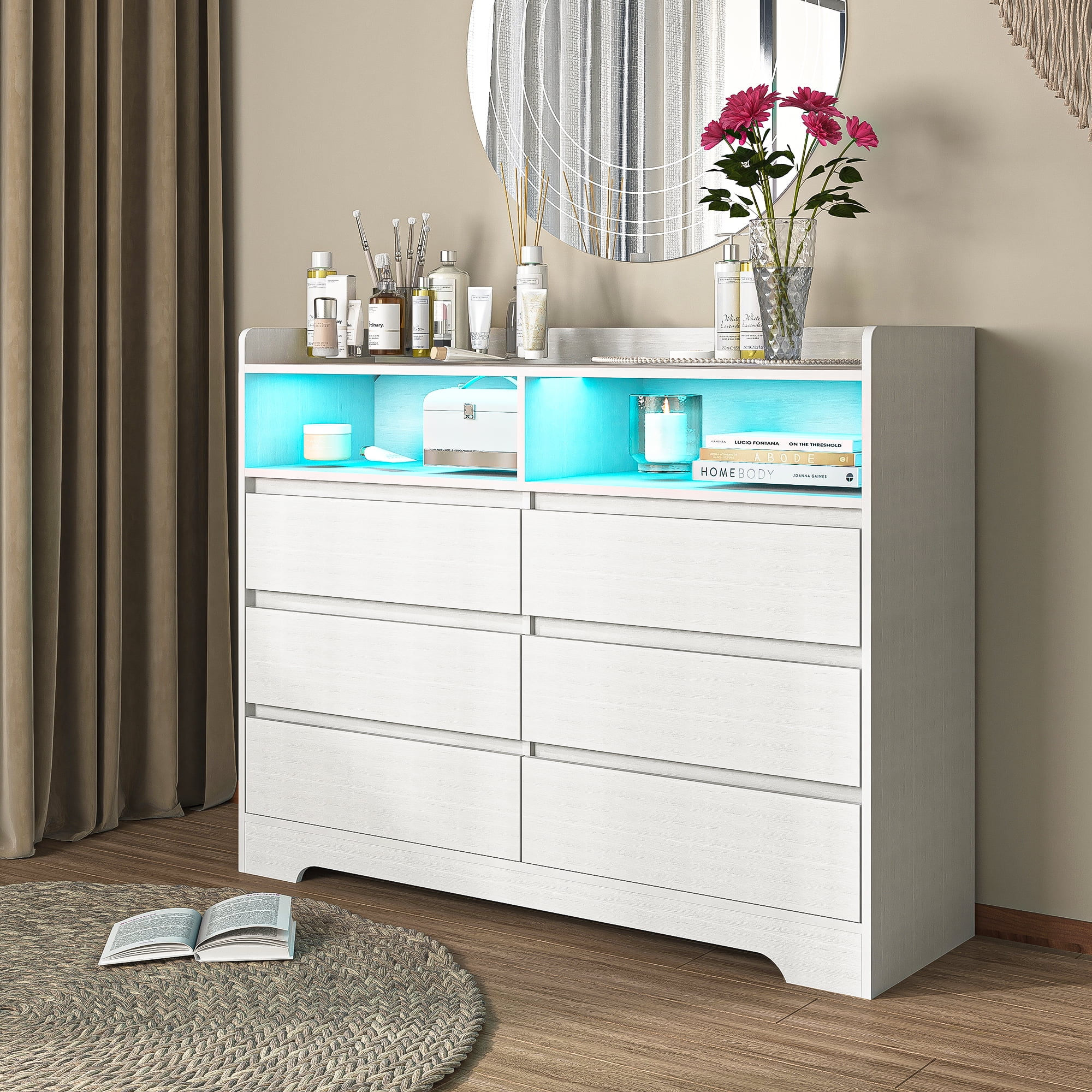 Finihen 6 Drawer Dresser, Modern Chest of Drawers with Led Lights, Wooden Dresser for Bedroom with Sturdy Frame for Living Room, Entryway, Hallway, White-M Finihen 6 Drawer Dresser, Modern Chest of Drawers with Led Lights, Wooden Dresser for Bedroom with Sturdy Frame for Living Room, Entryway, Hallway, White-M