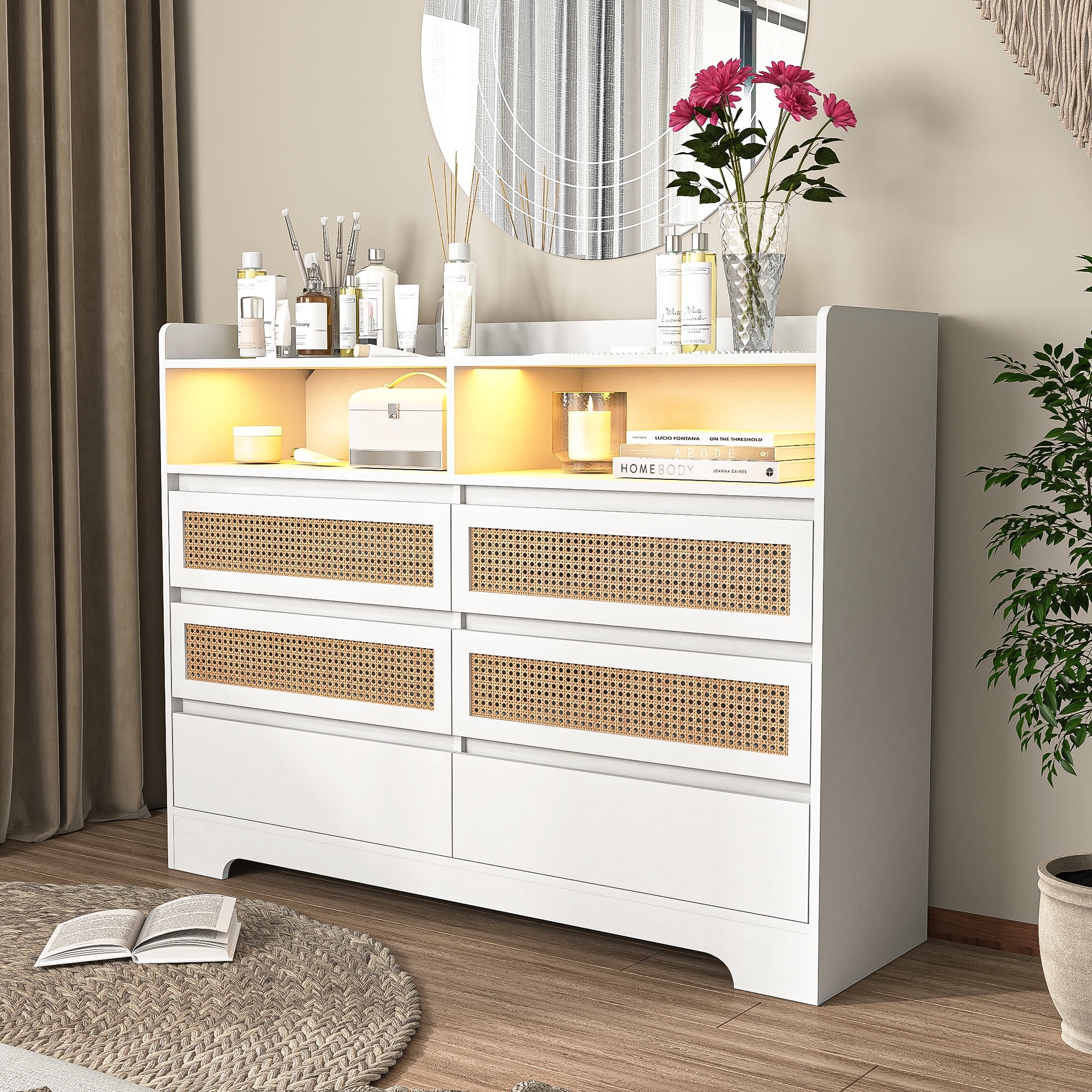 Demi Bonn 6 Drawer Dresser, Modern Chest of Drawers with Led Lights, Wooden Dresser for Bedroom with Sturdy Frame for Living Room, Entryway, Hallway, White