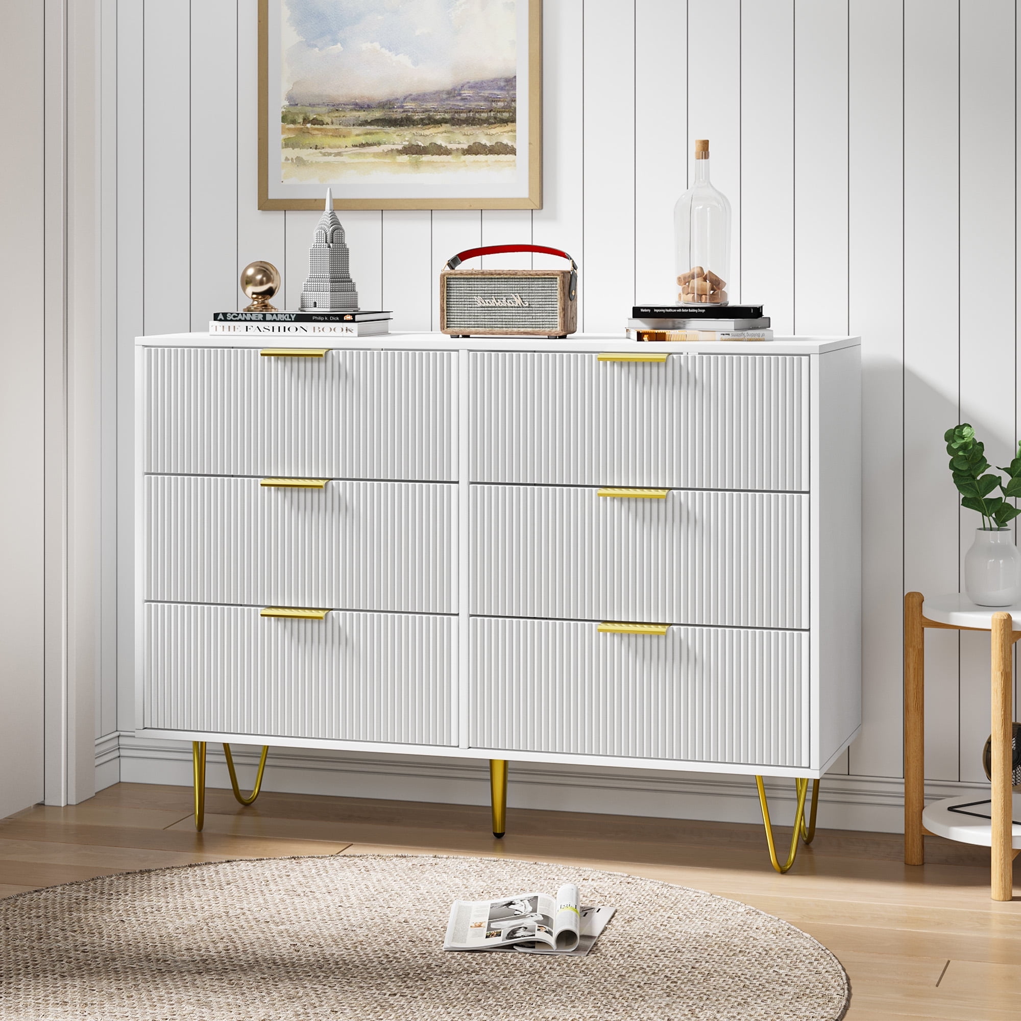Demi Bonn 6 Drawer Dresser, Small Size Wooden Drawers with Gold Handles, Chest Dresser with Deep Drawers, for Living Room, Bedroom, Hallway, Closet, White
