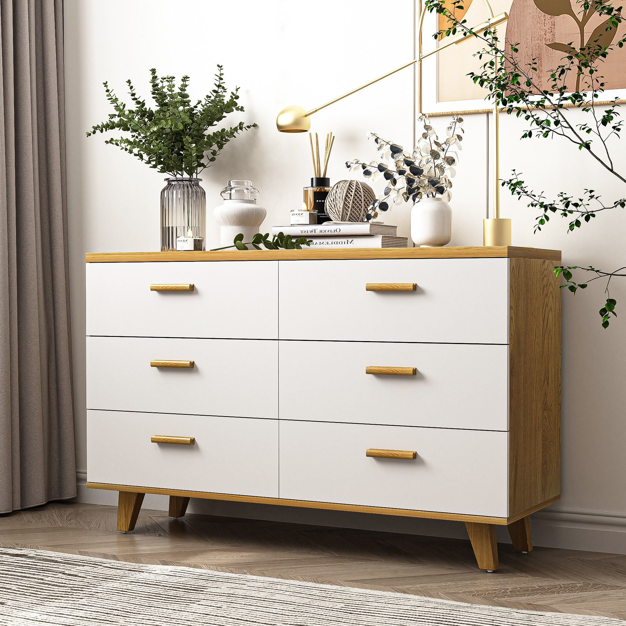 Finihen 6 Drawers Chest of Dressers, Wood Double Dresser Storage Cabinet with Handle Table Leg for Bedroom, Living Room and Hallway, Beige