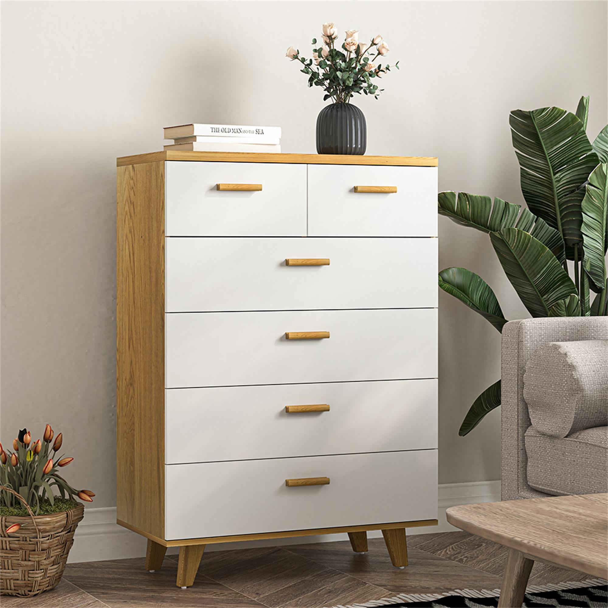 Demi Bonn 6 Drawers Chest of Dressers, Wood Storage Cabinet with Handle Table Leg for Bedroom, Living Room and Hallway, Beige
