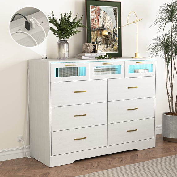 Led Between Drawers Demi Bonn 6 Drawers Double Dresser with LED Lights and Charging Station ...