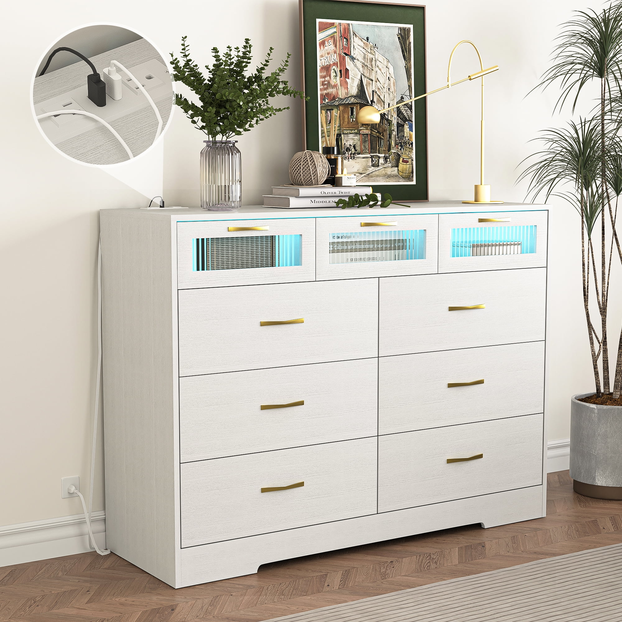 Finihen 6 Drawers Double Dresser with LED Lights and Charging Station, Modern Chest of Drawers, Clothes Storage Cabinet for Bedroom, Living Room, Hallway, White Finihen 6 Drawers Double Dresser with LED Lights and Charging Station, Modern Chest of Drawers, Clothes Storage Cabinet for Bedroom, Living Room, Hallway, White