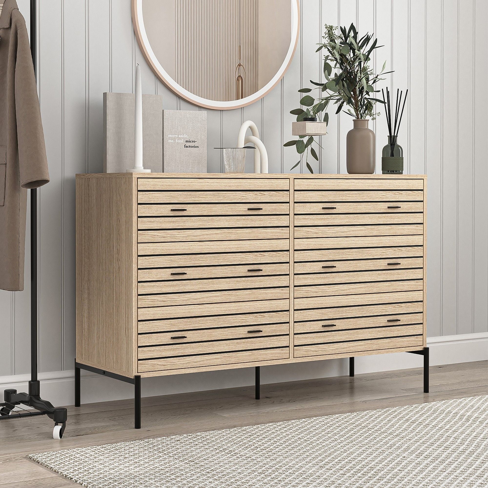 Demi Bonn 6 Drawers Dresser, 47" Wide Modern Chest of Drawers with Curved Profile Design, Wood TV Stand Organizer for Bedroom, Living Room, Hallway, Beige