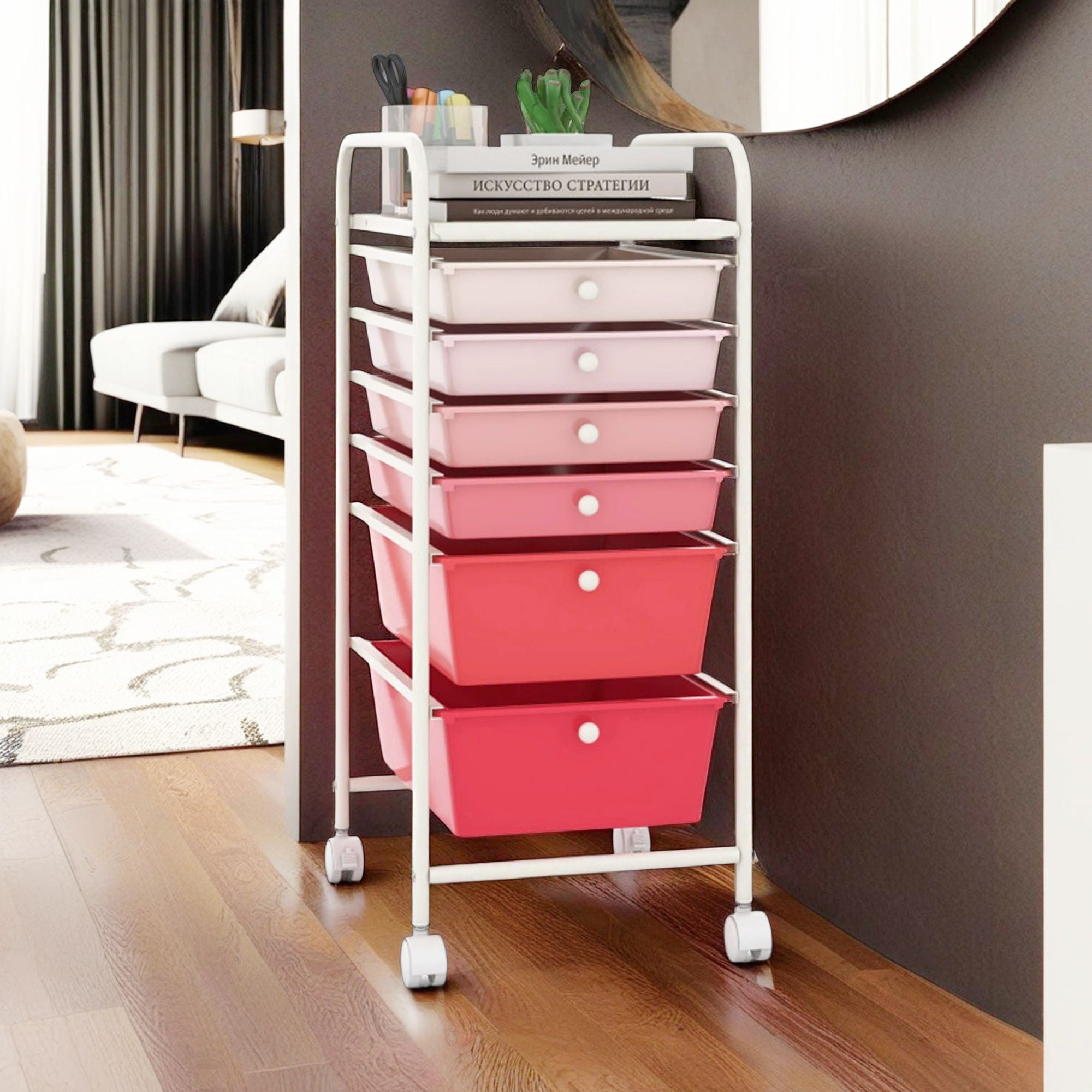 Demi Bonn 6 Drawers Rolling Storage Cart Organizer with 4 Universal Casters, Gradient Pink