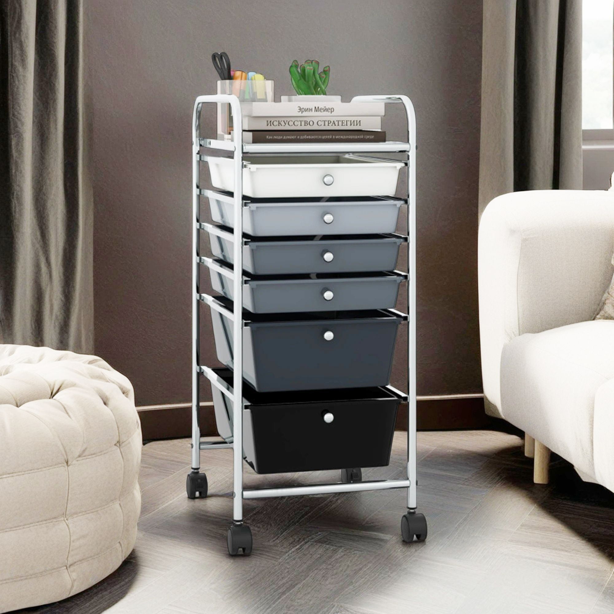Mixed Black 6-Drawer Rolling Storage Cart with Steel Frame