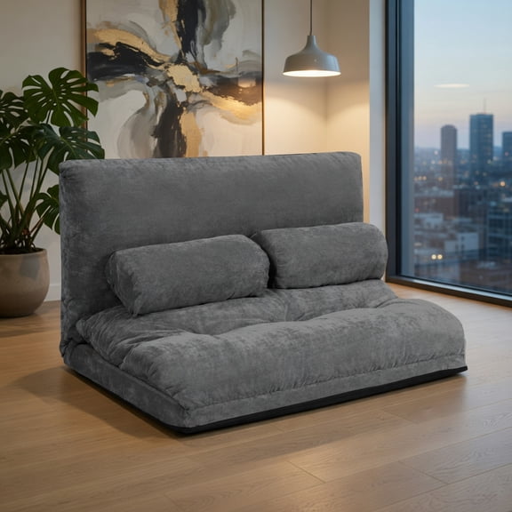 Demi Bonn 6-Position Adjustable Floor Sofa Couch, Foldable Lazy Sofa Sleeper Bed, Multi-Functional Loveseat, Sleeper Lounge Couch with 2 Pillows, for Reading, Gaming, Grey