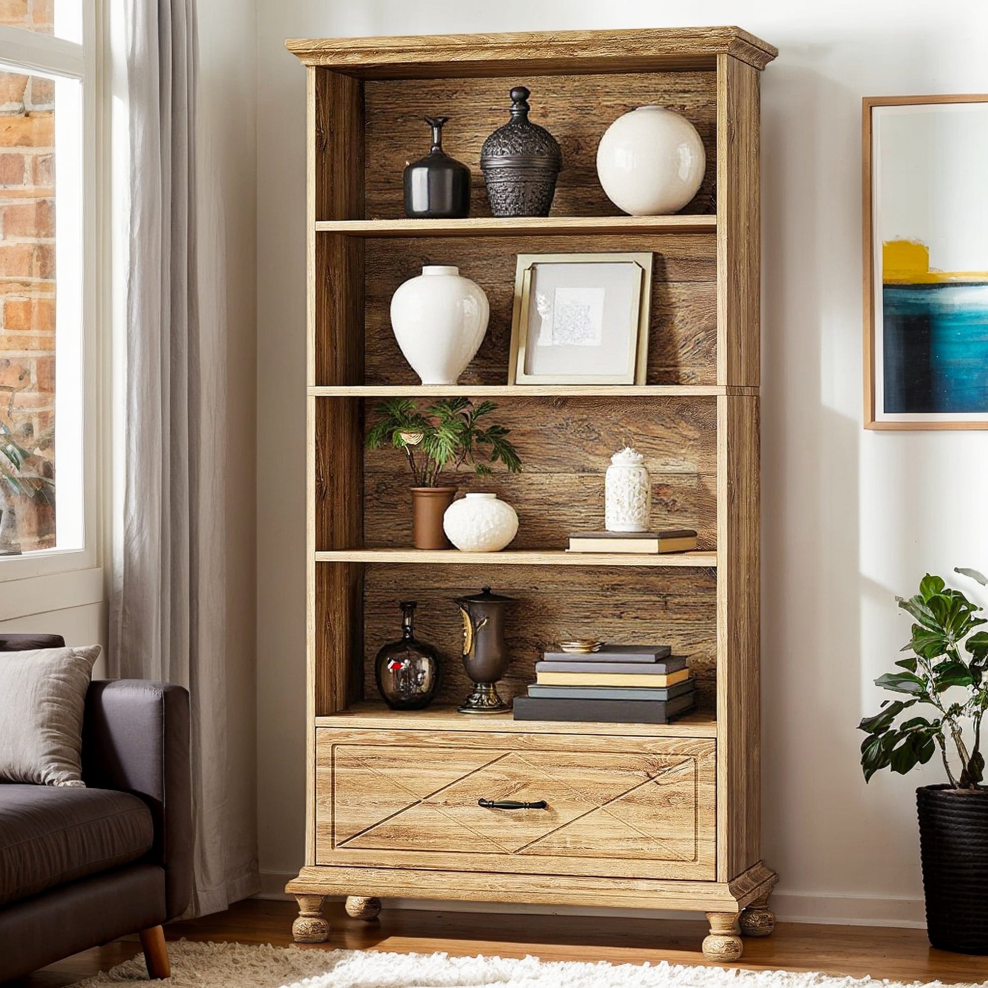 Demi Bonn 6-Shelf Bookcase with Drawer, 71" Bookshelf with Solid Wood Legs for Bedroom, Living Room, Brown