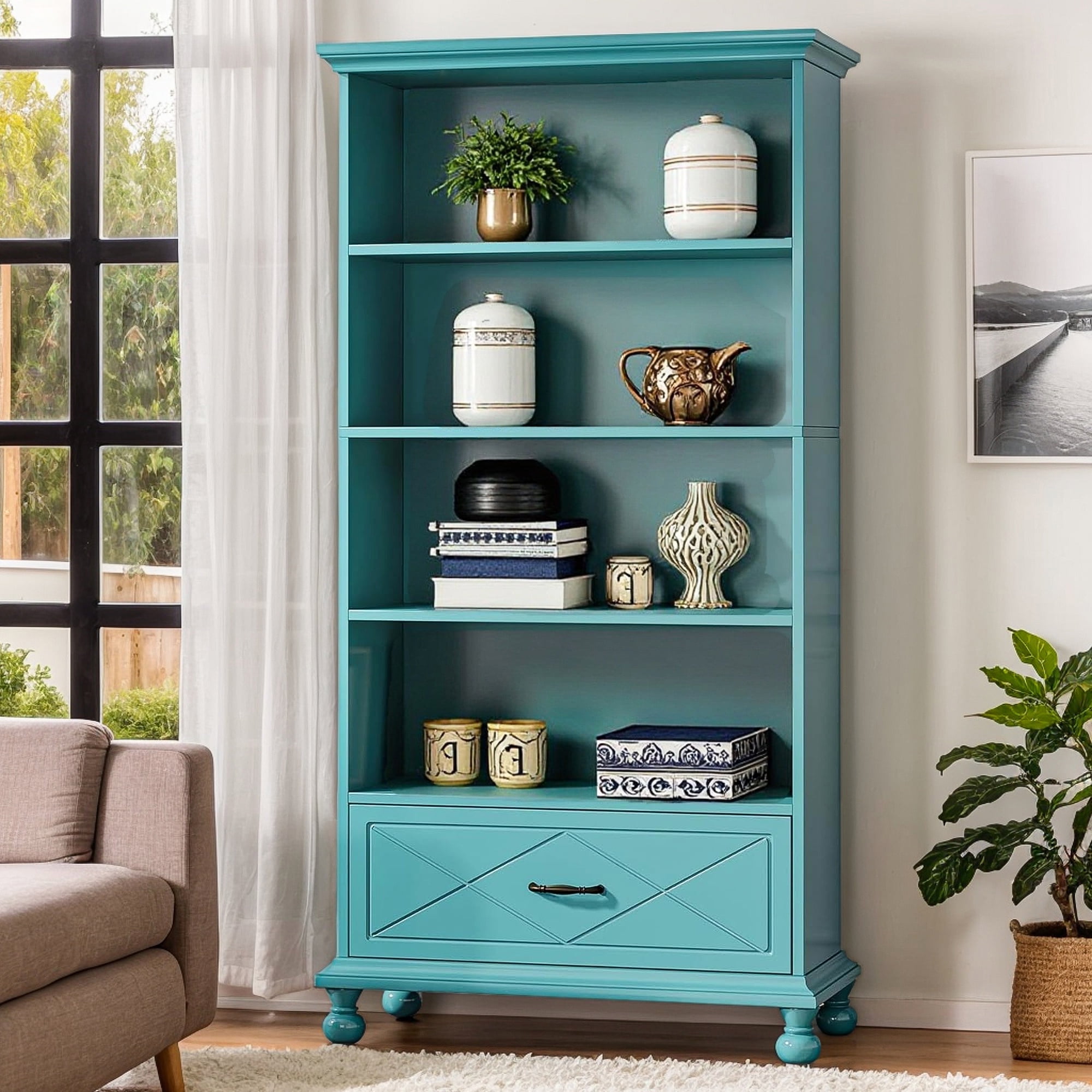 Demi Bonn 6-Shelf Bookcase with Drawer, 71" Bookshelf with Solid Wood Legs for Bedroom, Living Room, Ocean Blue