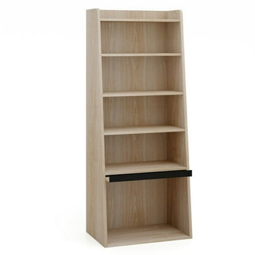 Finihen 6-Tier Bookcase with 2 Adjustable Shelves and Flip Up Door, Freestanding Ladder Bookshelf, Brown