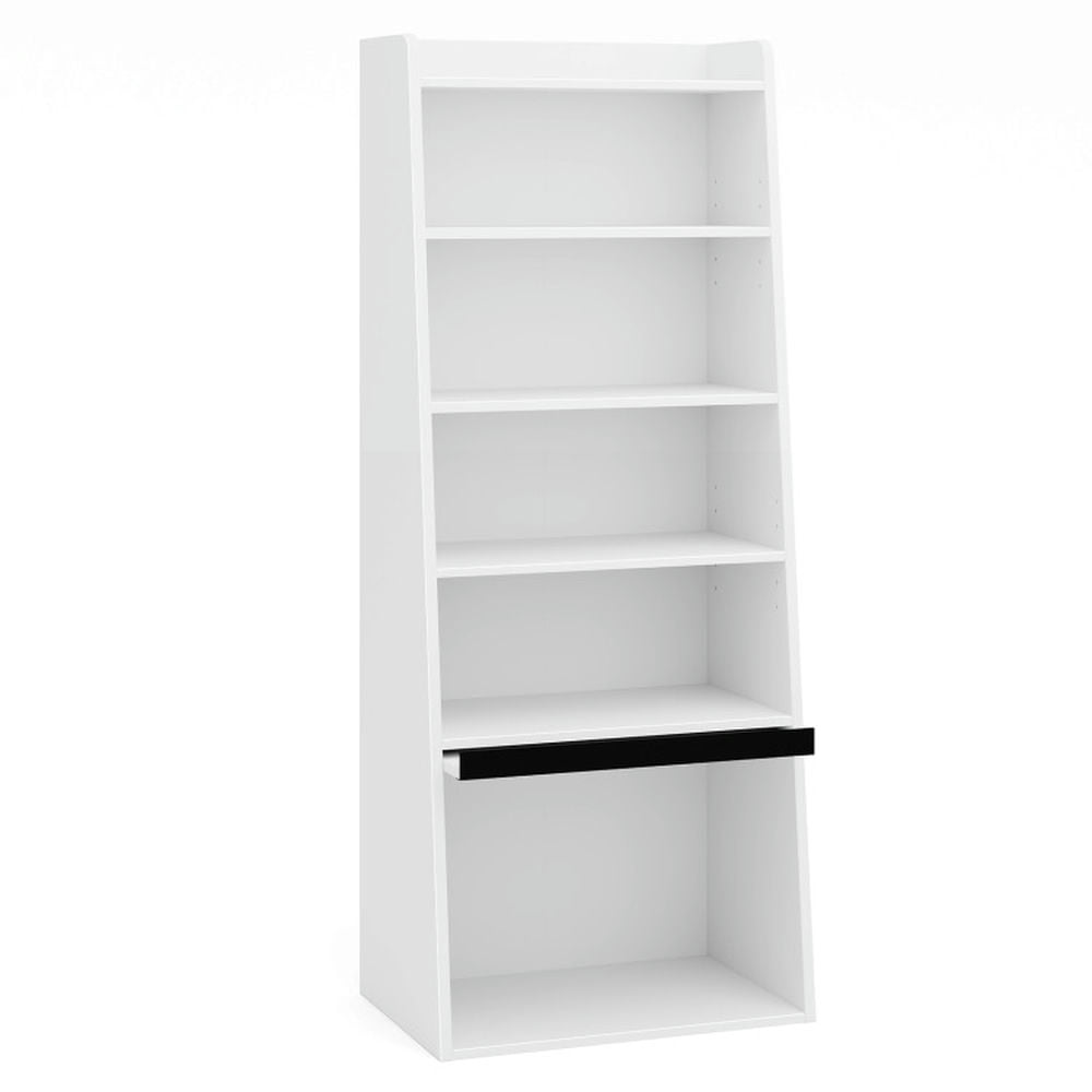 Finihen 6-Tier Bookcase with 2 Adjustable Shelves and Flip Up Door, Freestanding Ladder Bookshelf, White Finihen 6-Tier Bookcase with 2 Adjustable Shelves and Flip Up Door, Freestanding Ladder Bookshelf, White