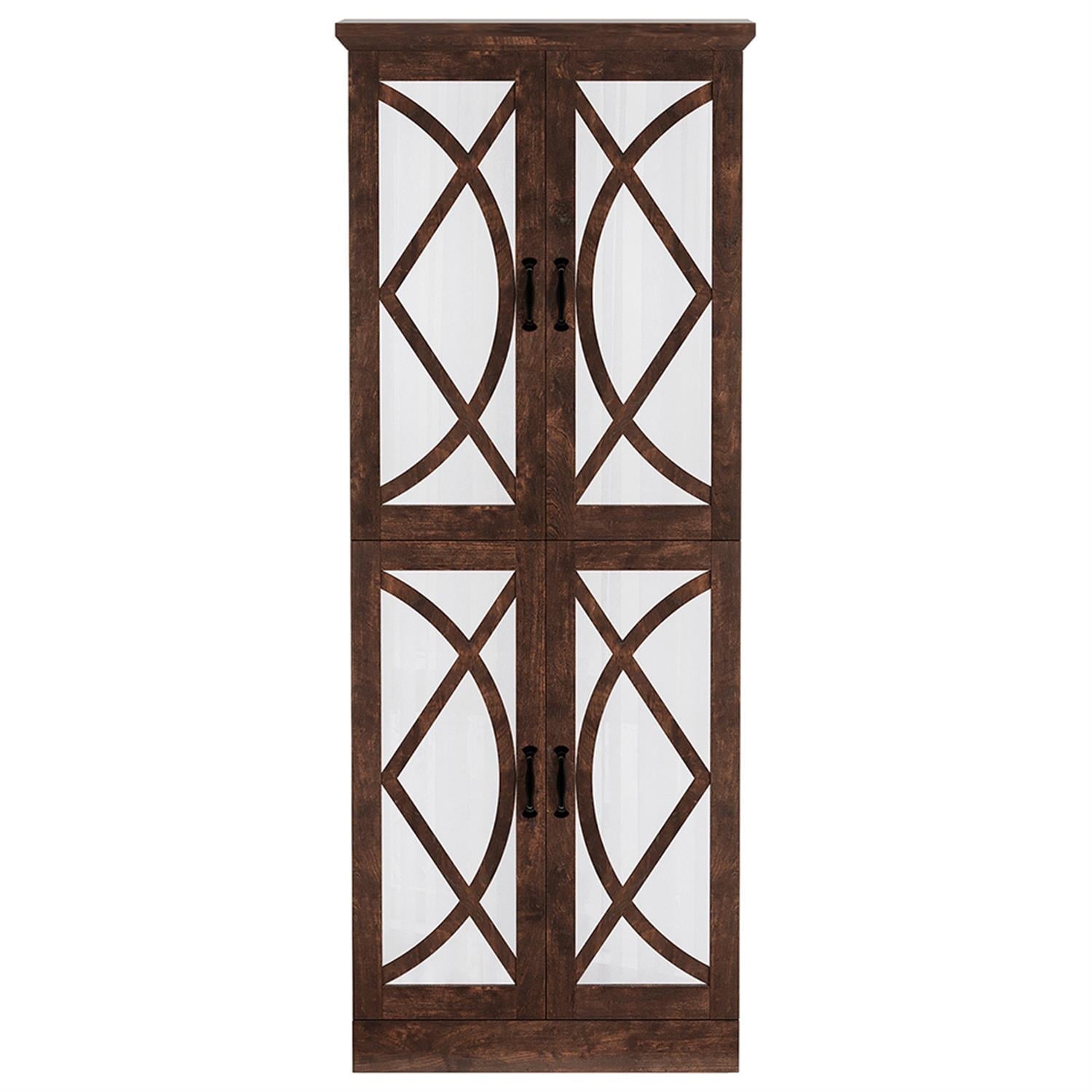 Demi Bonn 6 Tier Bookcase with 4 Mirrored Doors, 68" Tall Wood Bookshelf Storage Cabinet Pantry Organizer for Bedroom, Living Room, Brown