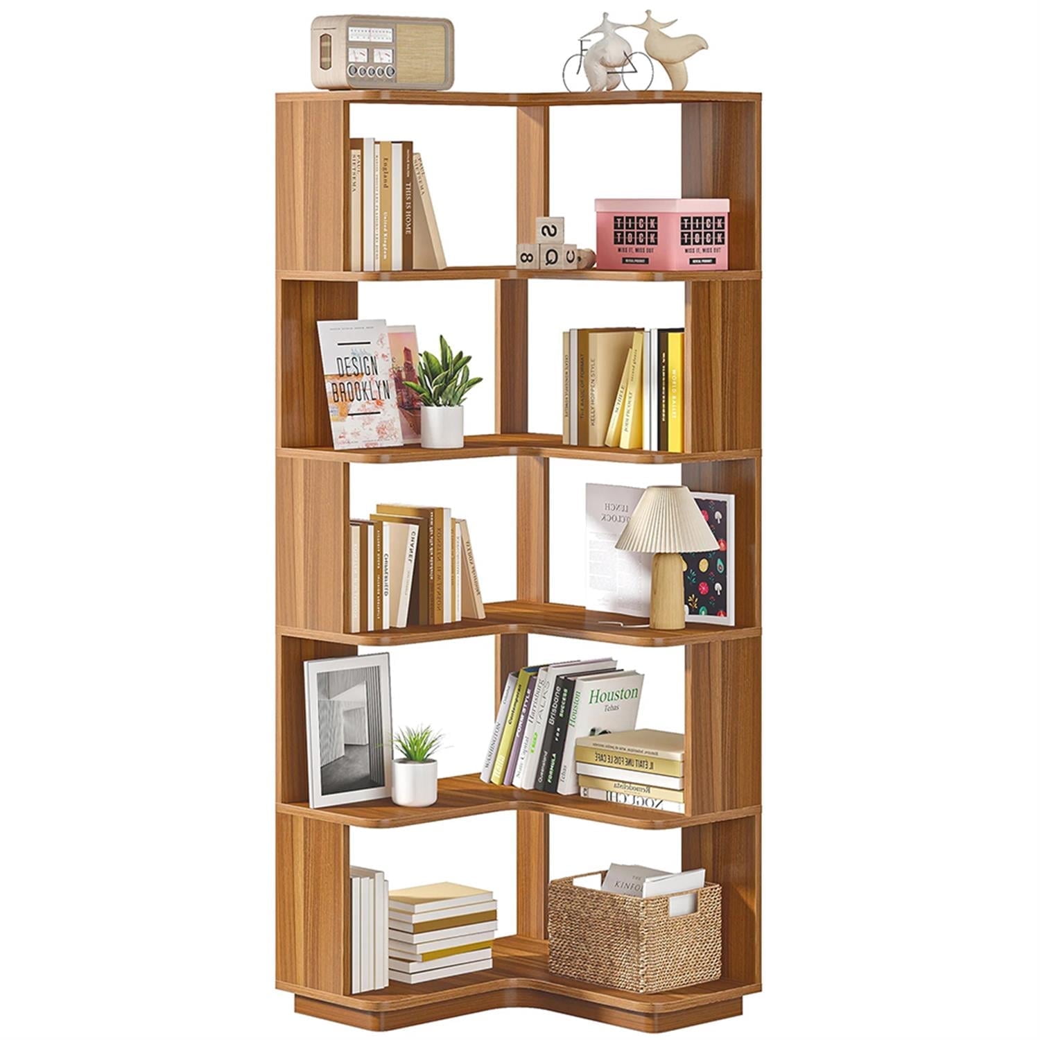 Demi Bonn 6 Tier Bookshelf with Anti-Drop Panel, Corner Bookcase Storage Organizer, 64" Tall Display Standing Shelf Unit for Bedroom, Living Room, Brown