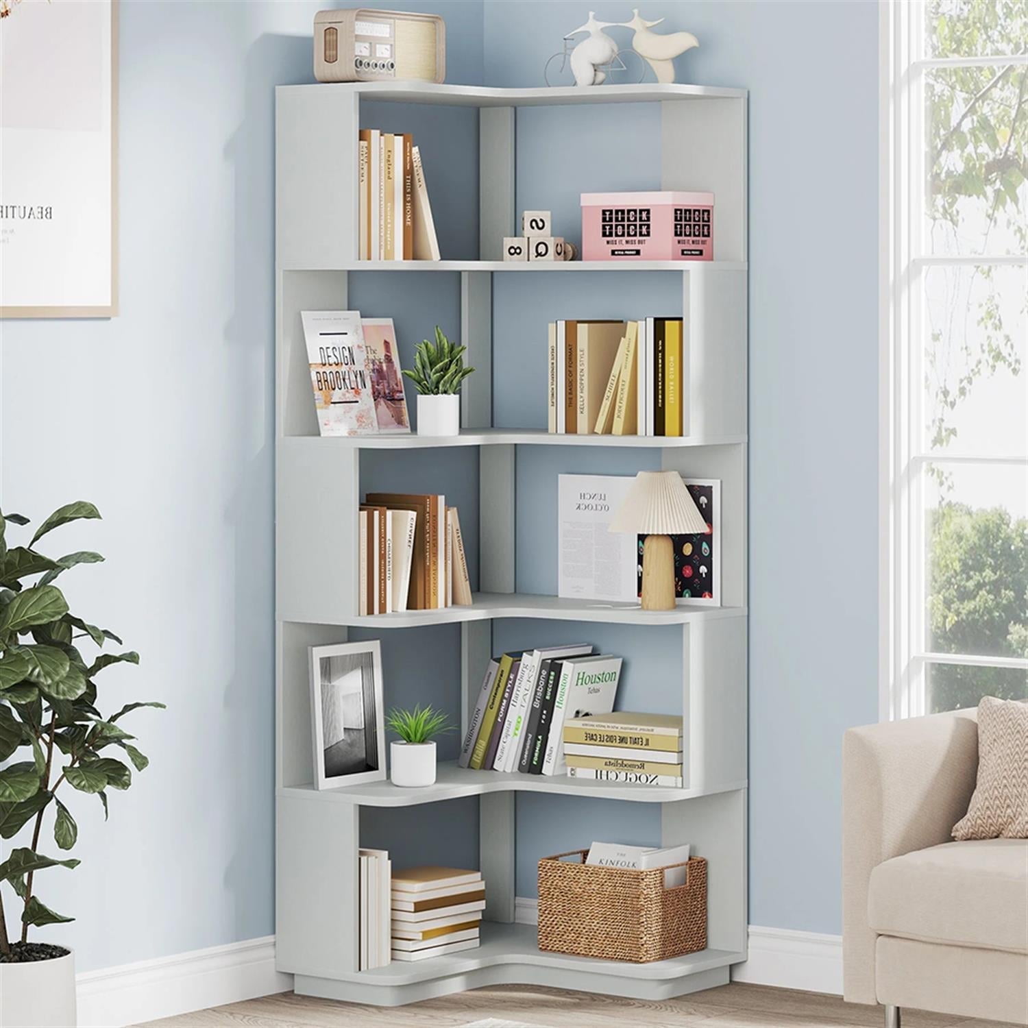 Demi Bonn 6 Tier Bookshelf with Anti-Drop Panel, Corner Bookcase Storage Organizer, 64" Tall Display Standing Shelf Unit for Bedroom, Living Room, Light Grey