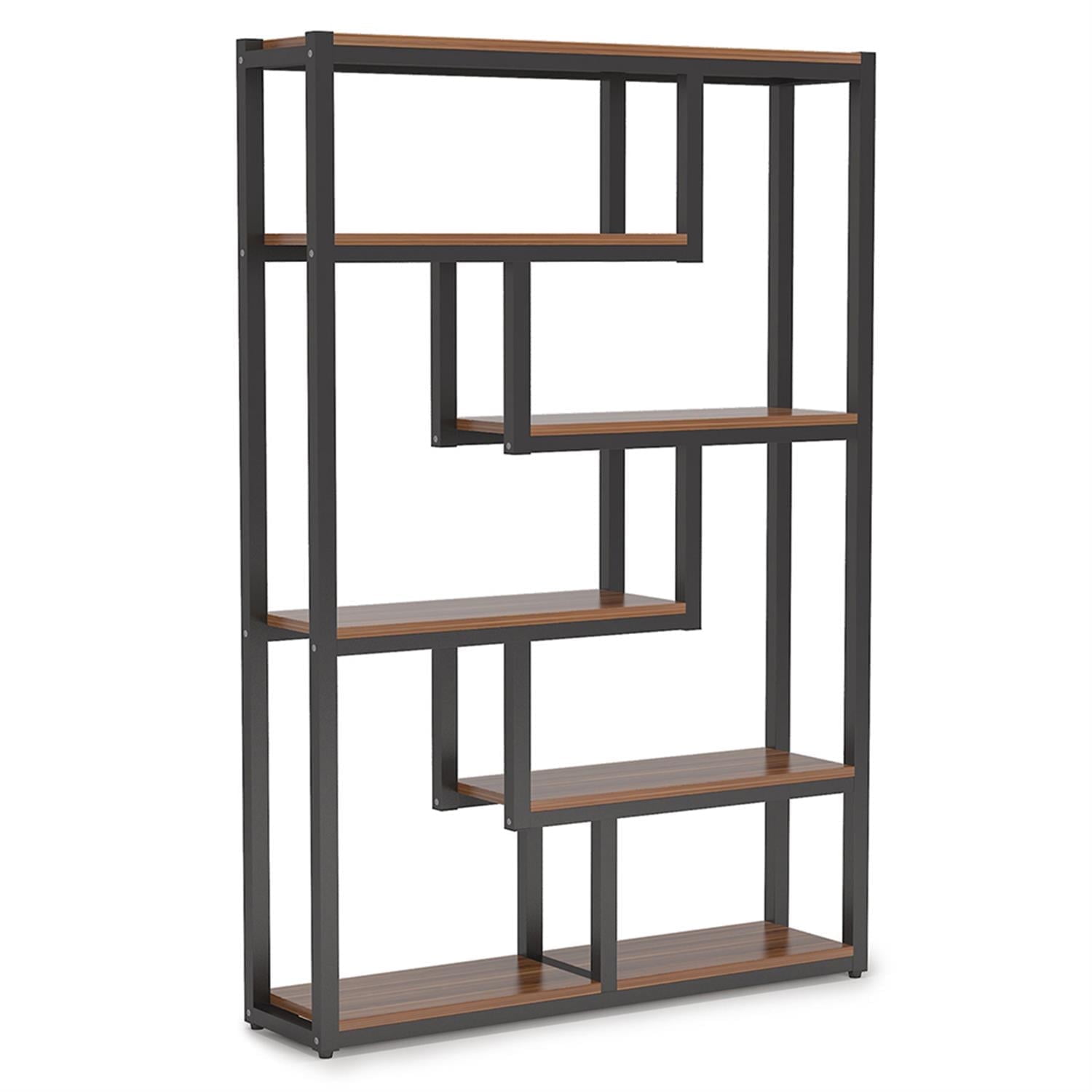 Demi Bonn 6 Tier Bookshelf, Wood and Metal Bookcase Storage Organizer, 69" Tall Display Standing Staggered Shelf Unit for Bedroom, Living Room, Brown