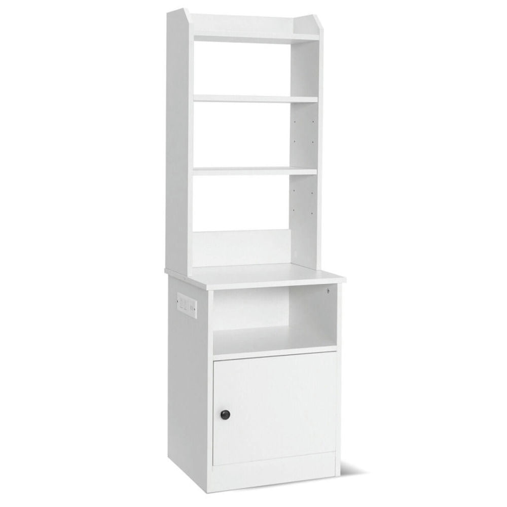 Finihen 6-Tier Bookshelf with Charging Station and Cabinet, Wood Free Standing Bookcase, White Finihen 6-Tier Bookshelf with Charging Station and Cabinet, Wood Free Standing Bookcase, White