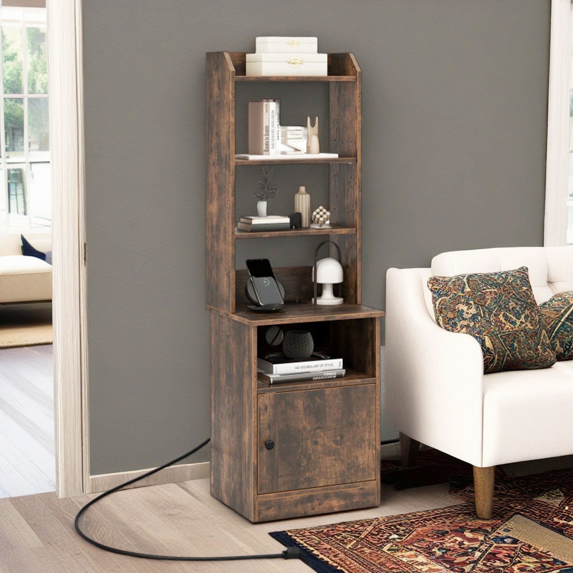 Demi Bonn 6-Tier Bookshelf with Charging Station and Cabinet, Wood Free Standing Bookcase with 5 Open Shelf, Brown